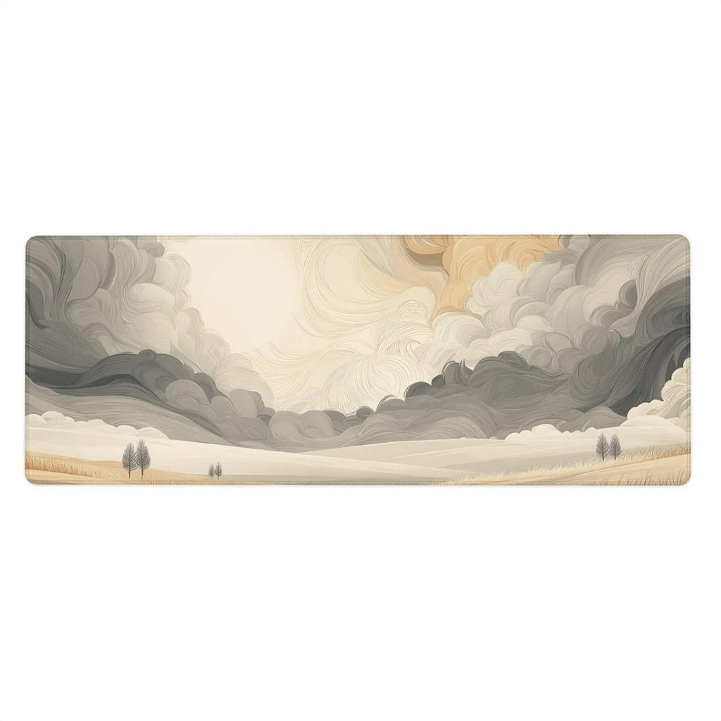 Abstract Swirling Cloud Desk Mat – Beige Gray Landscape, Rolling Hills Art Desk Pad