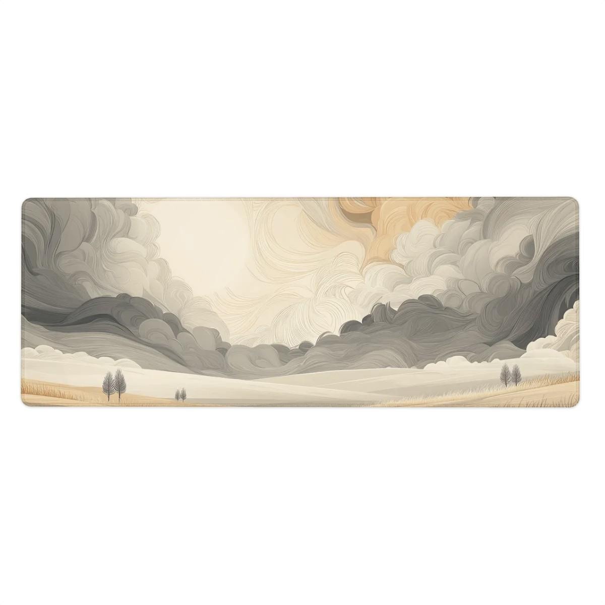 Abstract Swirling Cloud Desk Mat – Beige Gray Landscape, Rolling Hills Art Desk Pad