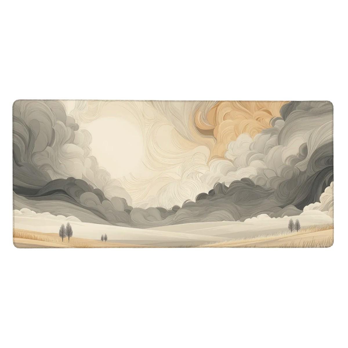 Abstract Swirling Cloud Desk Mat – Beige Gray Landscape, Rolling Hills Art Desk Pad