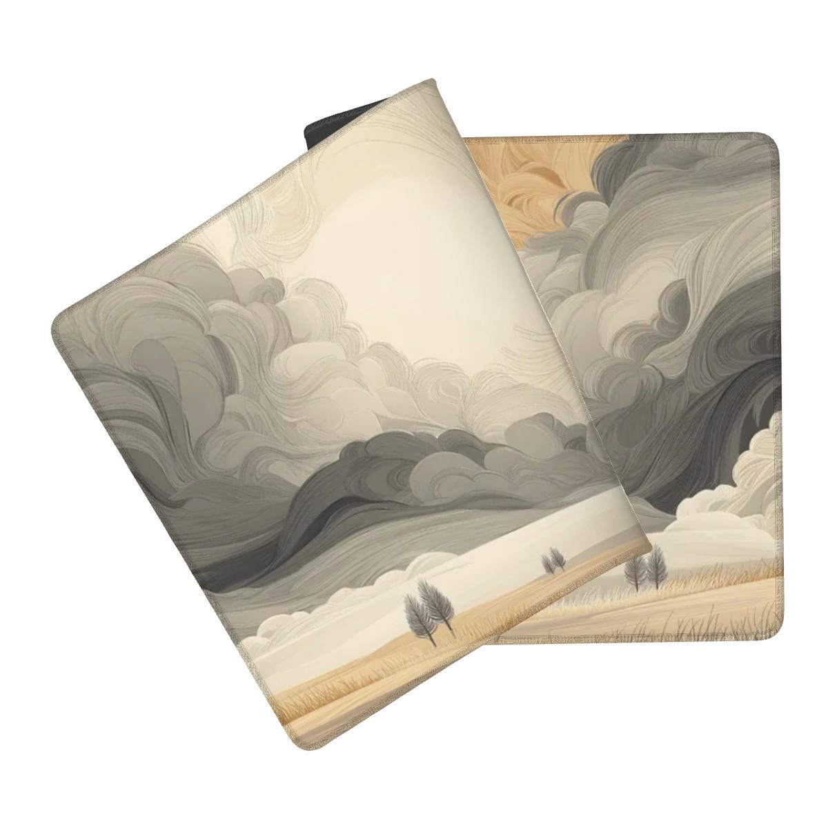 Abstract Swirling Cloud Desk Mat – Beige Gray Landscape, Rolling Hills Art Desk Pad