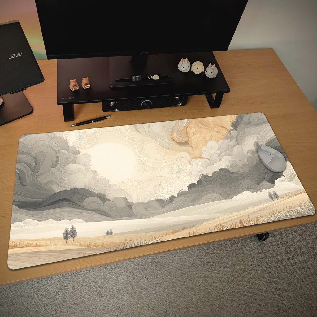 Abstract Swirling Cloud Desk Mat – Beige Gray Landscape, Rolling Hills Art Desk Pad