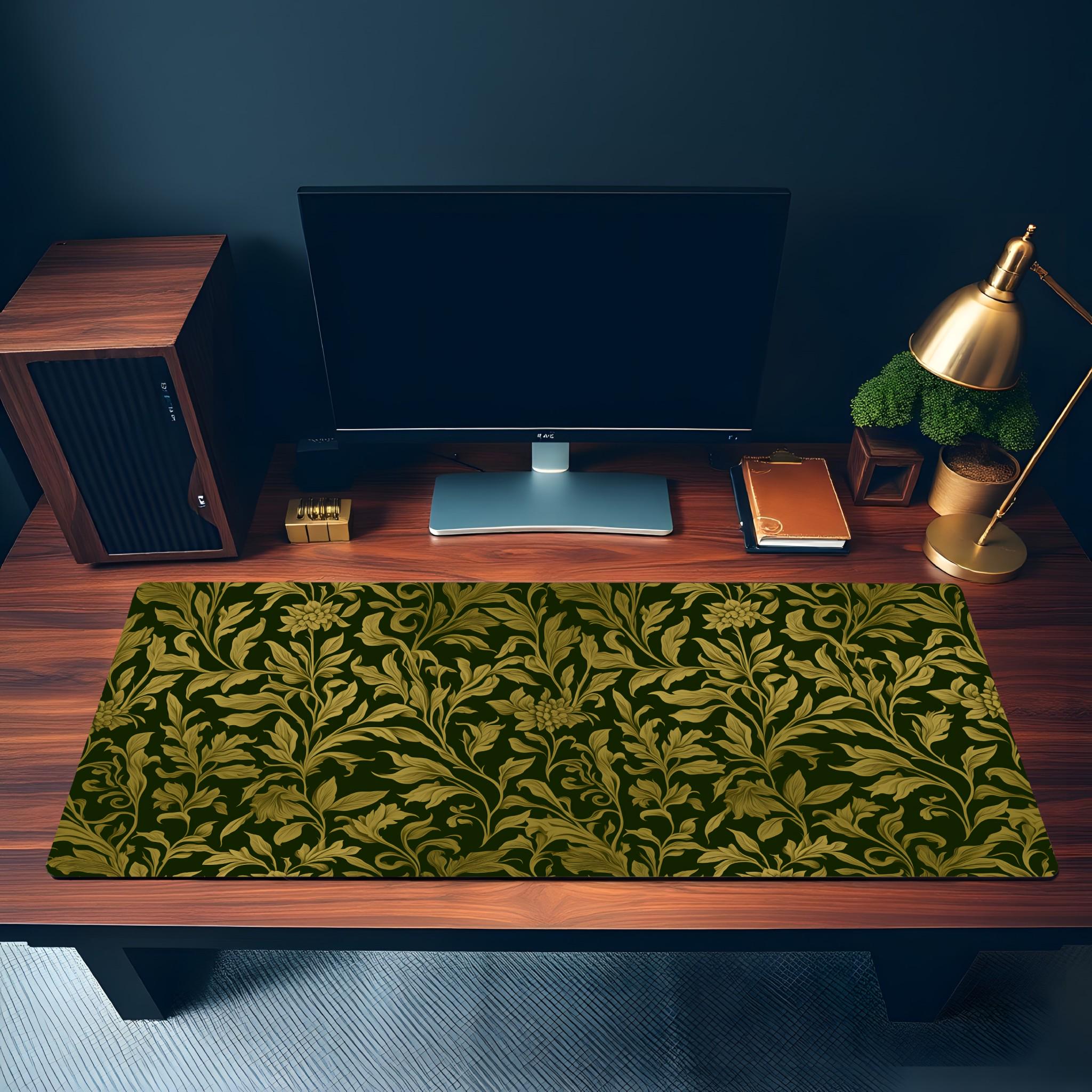 Vintage Floral Green Desk Mat | Dark Botanical Mouse Pad, Gothic Baroque Desk Pad