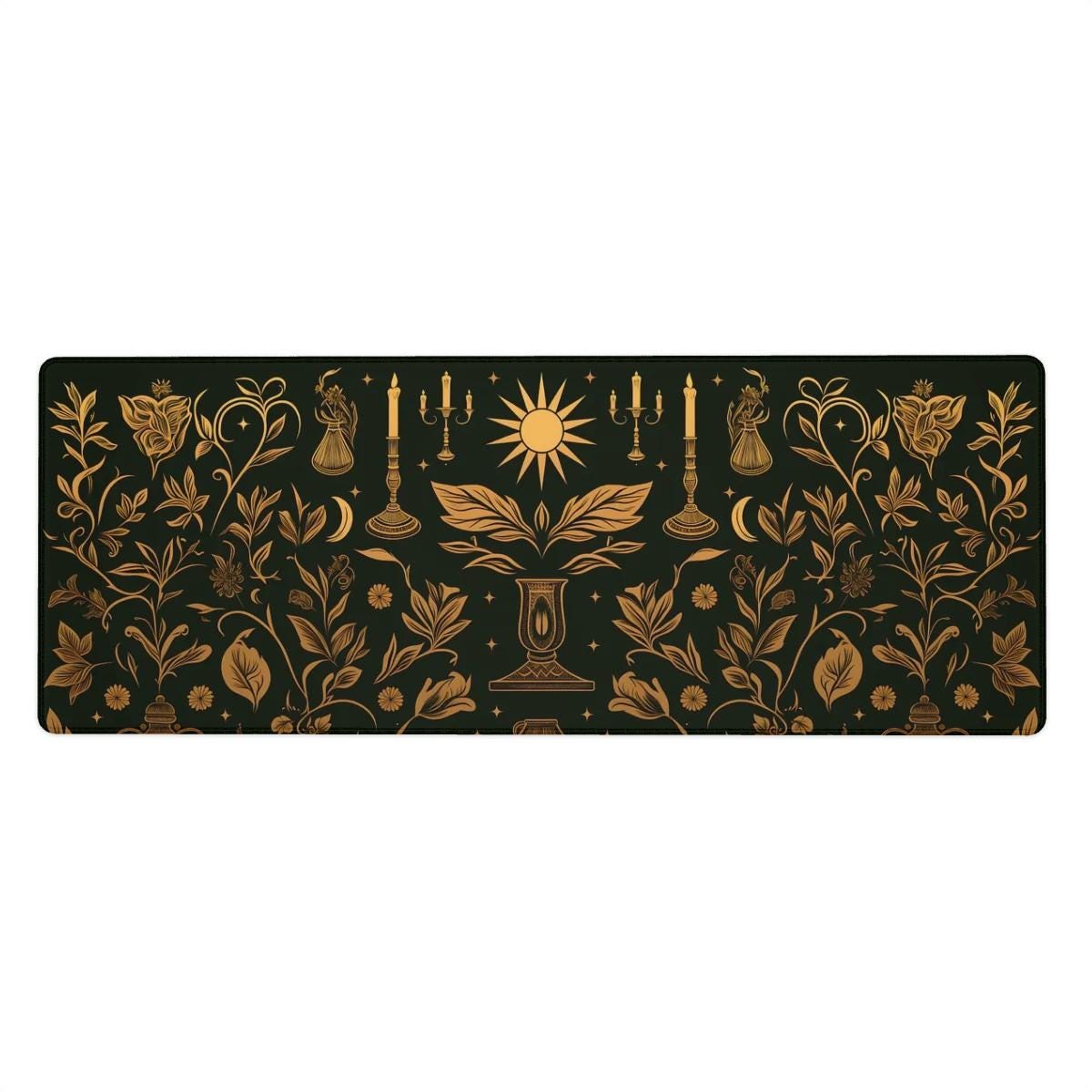 Dark Cottagecore Desk Mat | Black Gold Floral Desk Pad with Celestial Motifs | Gothic Witchcore Aesthetics