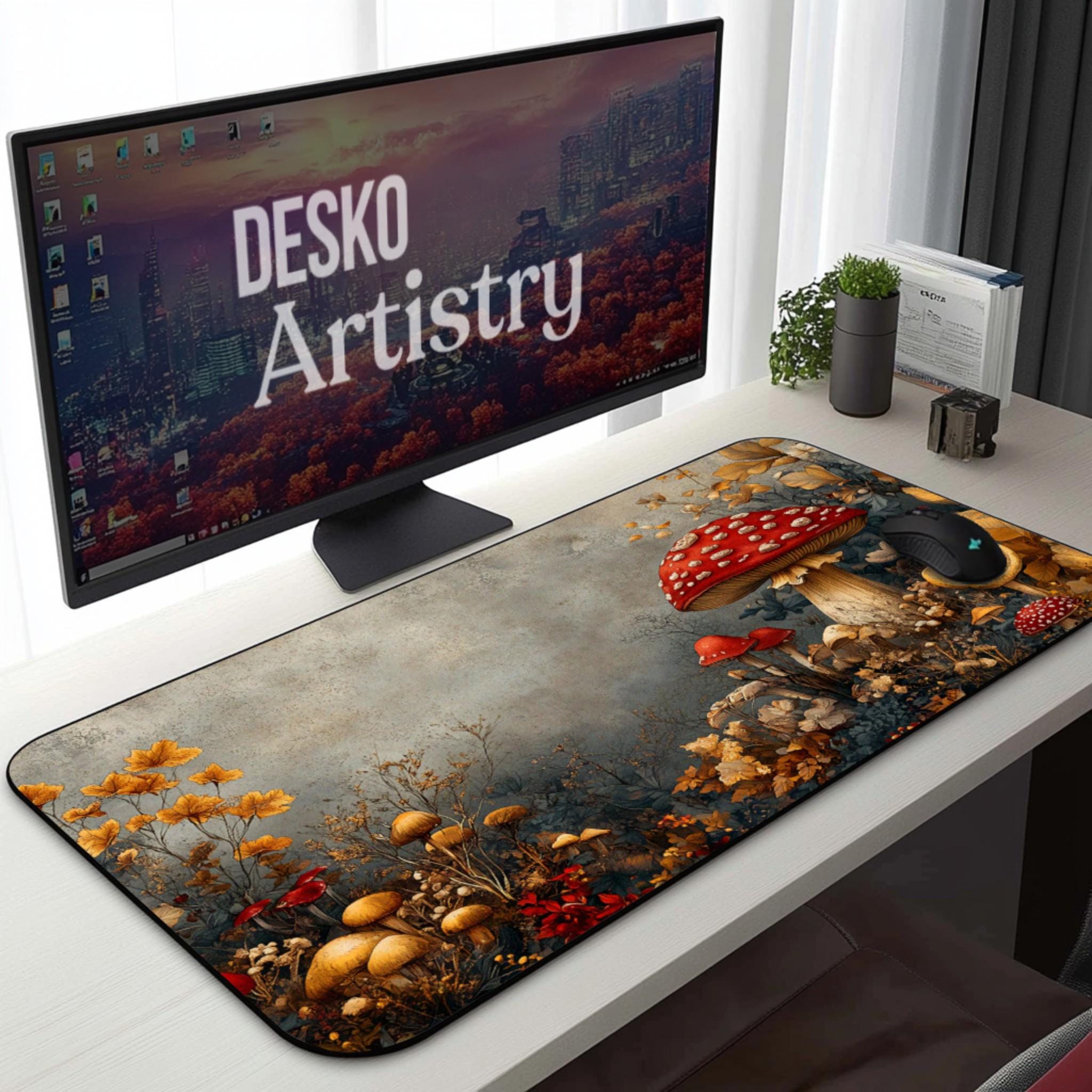 Cottagecore Mushroom Desk Mat | Woodland Forest Desk Pad with Red Toadstools | Dark Botanical Mouse Pad