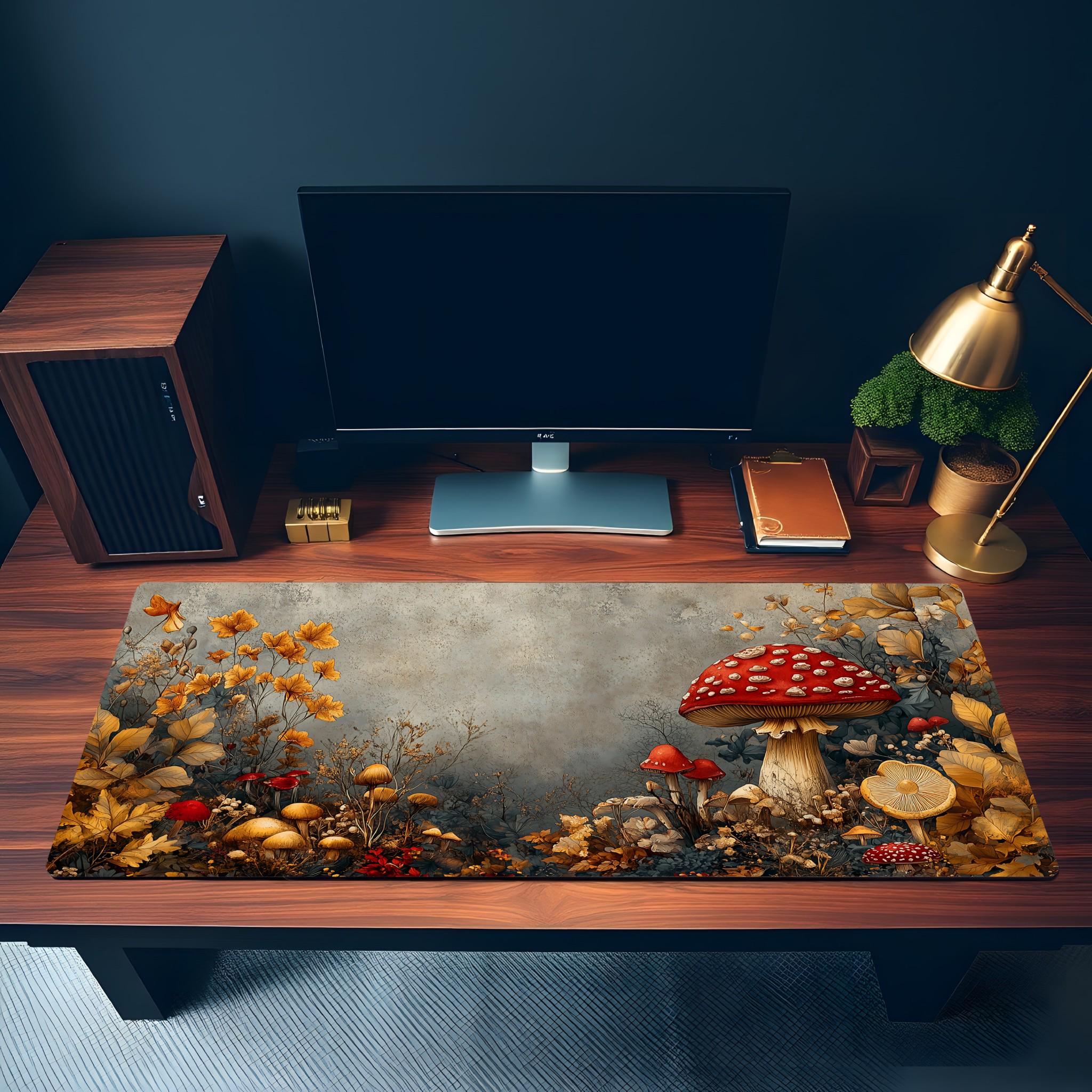 Cottagecore Mushroom Desk Mat | Woodland Forest Desk Pad with Red Toadstools | Dark Botanical Mouse Pad
