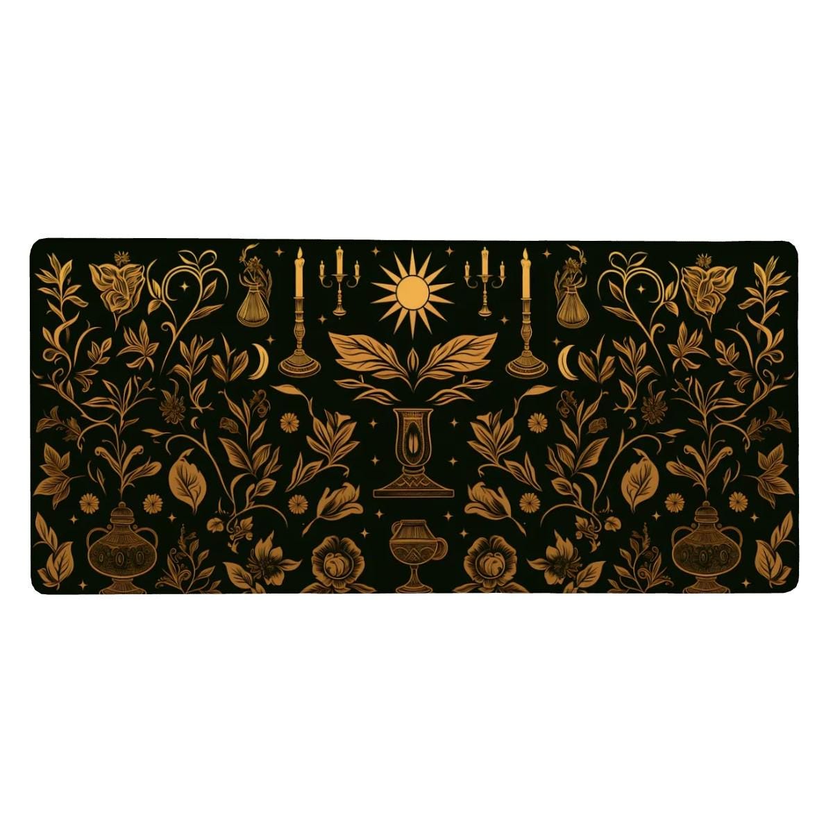 Dark Cottagecore Desk Mat | Black Gold Floral Desk Pad with Celestial Motifs | Gothic Witchcore Aesthetics