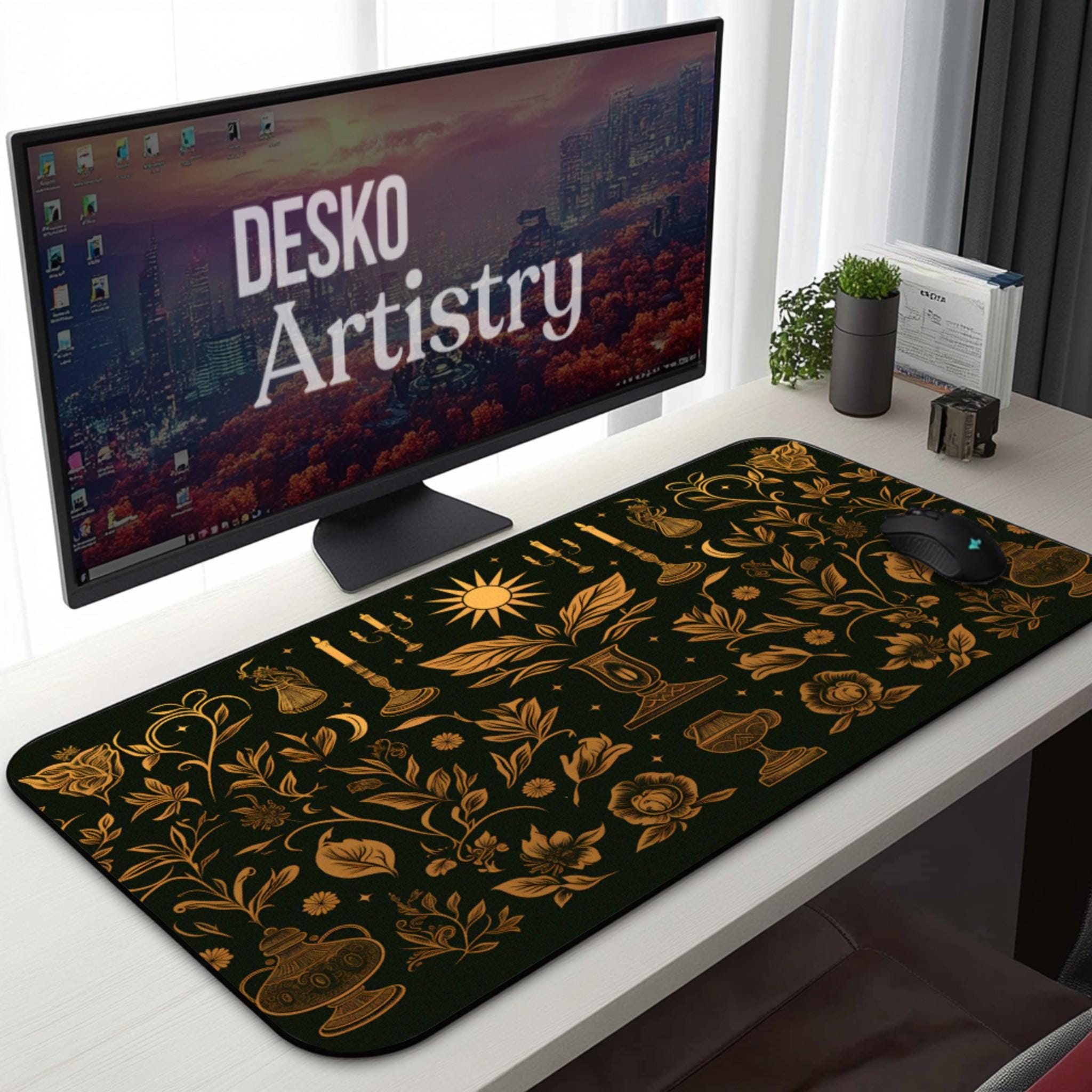 Dark Cottagecore Desk Mat | Black Gold Floral Desk Pad with Celestial Motifs | Gothic Witchcore Aesthetics
