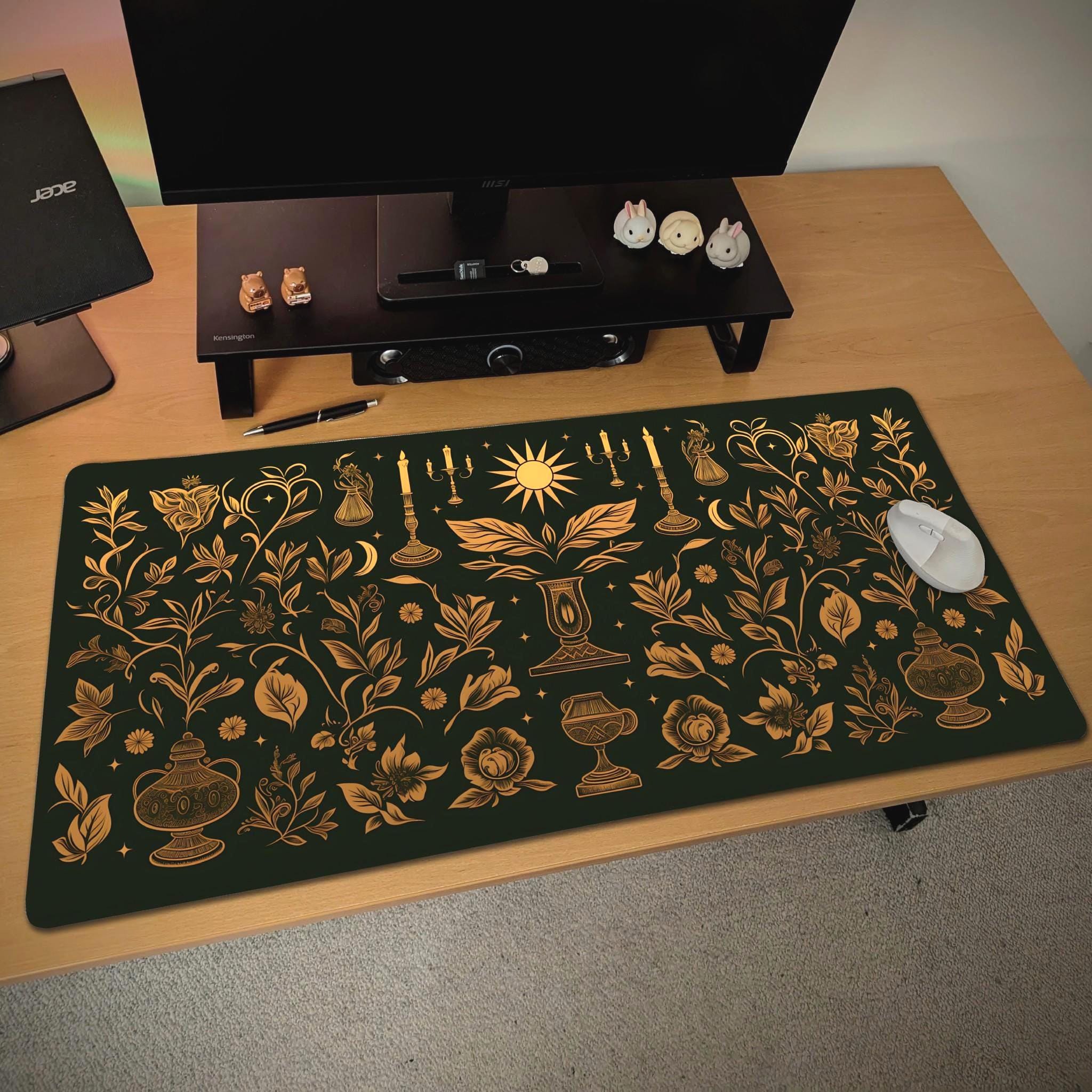 Dark Cottagecore Desk Mat | Black Gold Floral Desk Pad with Celestial Motifs | Gothic Witchcore Aesthetics