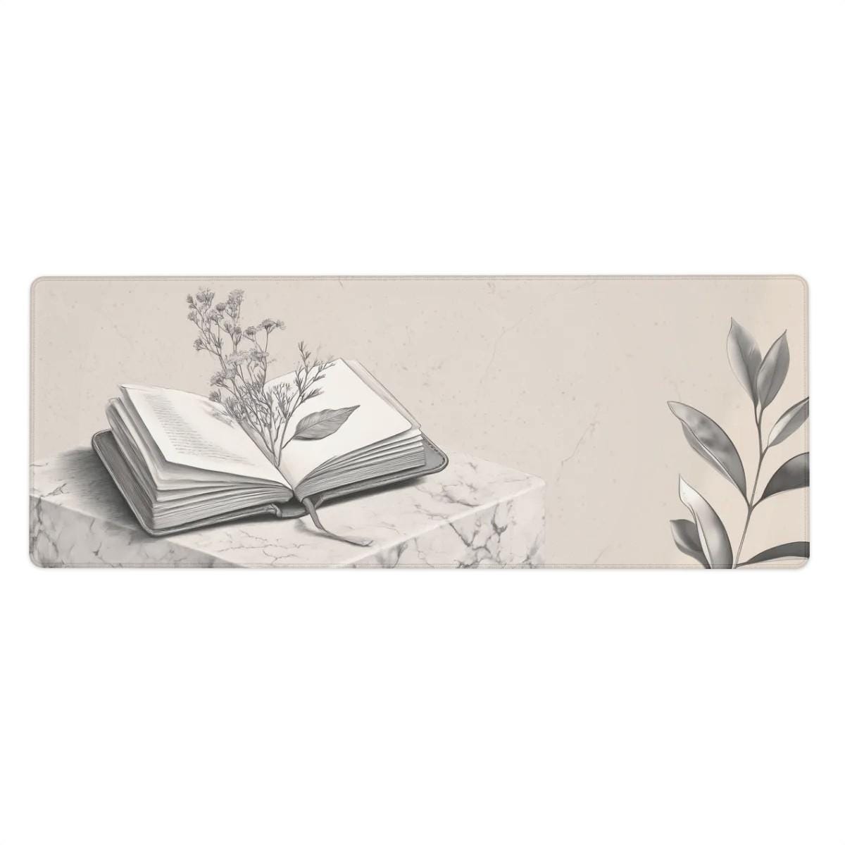 Cottagecore Journal Book Desk Mat | Monochrome Aesthetic Marble Mouse Pad | Herbarium Academic Theme Decor