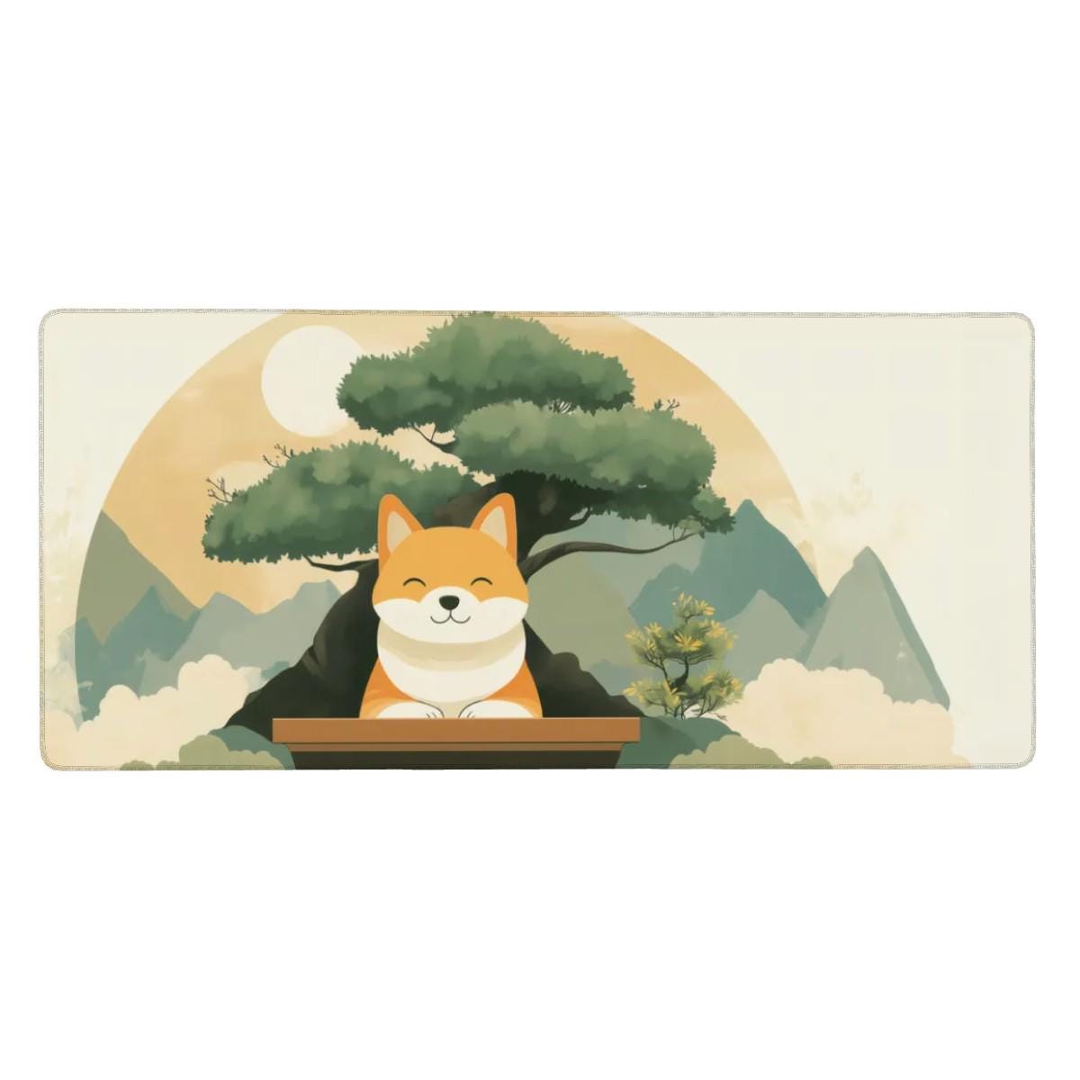 Cute Shiba Inu Desk Mat | Zen Dog Aesthetic Mouse Pad, Japanese Mountain Bonsai Theme