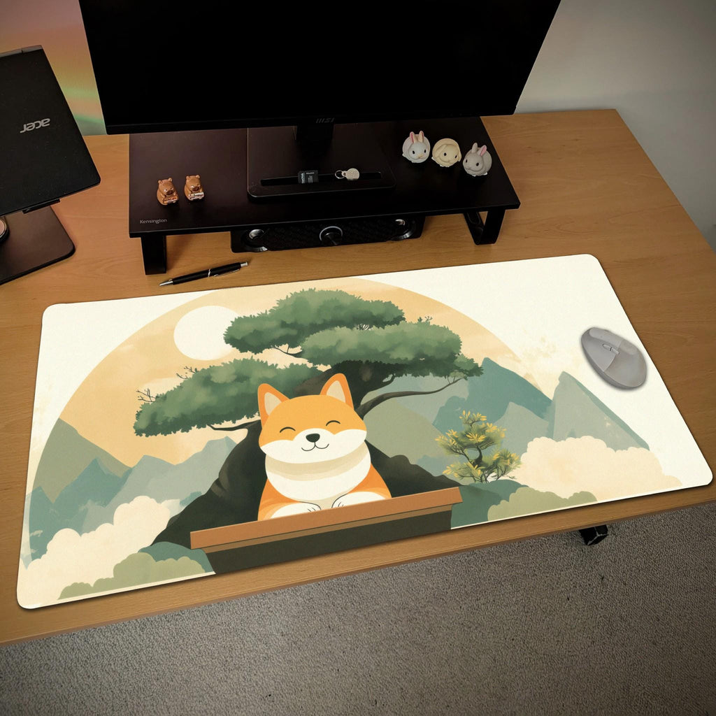 Cute Shiba Inu Desk Mat | Zen Dog Aesthetic Mouse Pad, Japanese Mountain Bonsai Theme