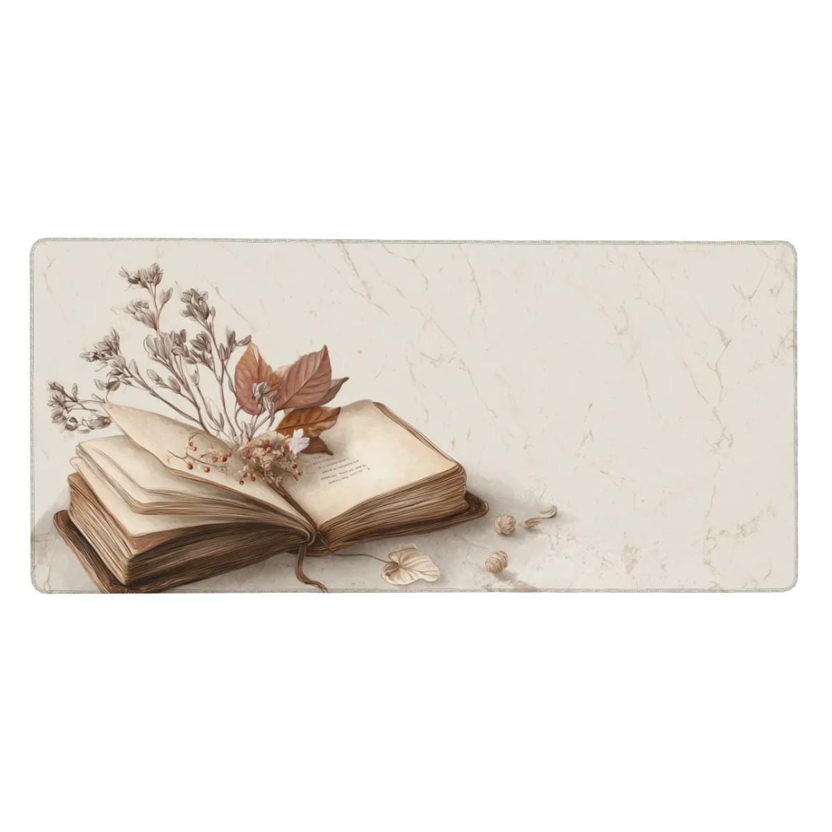 Vintage Book Oshibana Desk Mat | Herberium Journal with Dry Floral Art Aesthetics Desk Pad