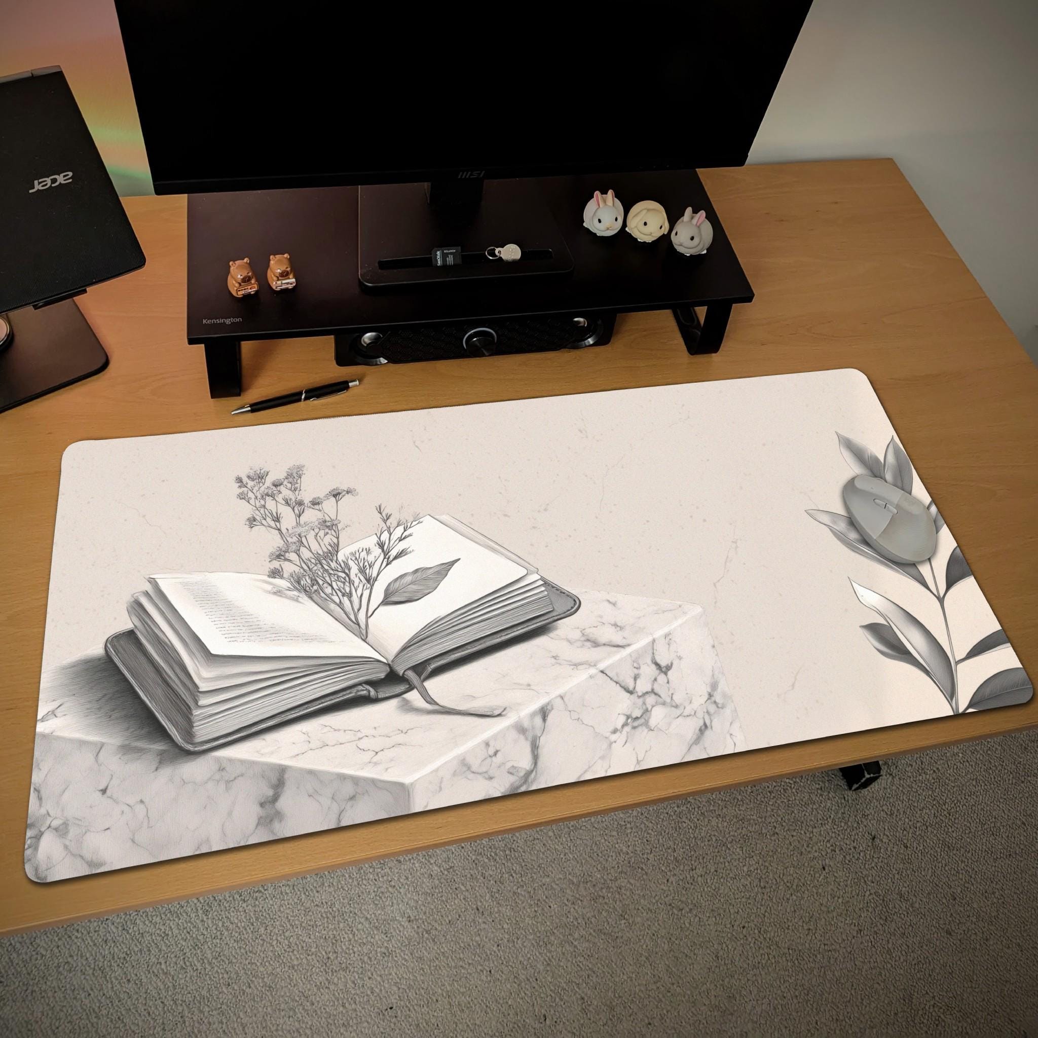 Cottagecore Journal Book Desk Mat | Monochrome Aesthetic Marble Mouse Pad | Herbarium Academic Theme Decor