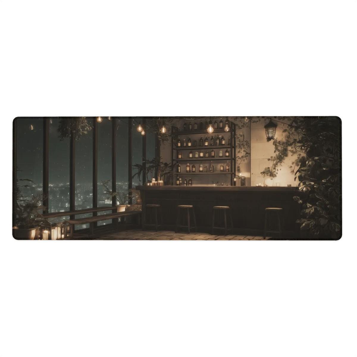 Rooftop Bar Desk Mat | Cityscape Mouse Pad,  Lofi Anime Comic Illustration with a Cozy Vibe