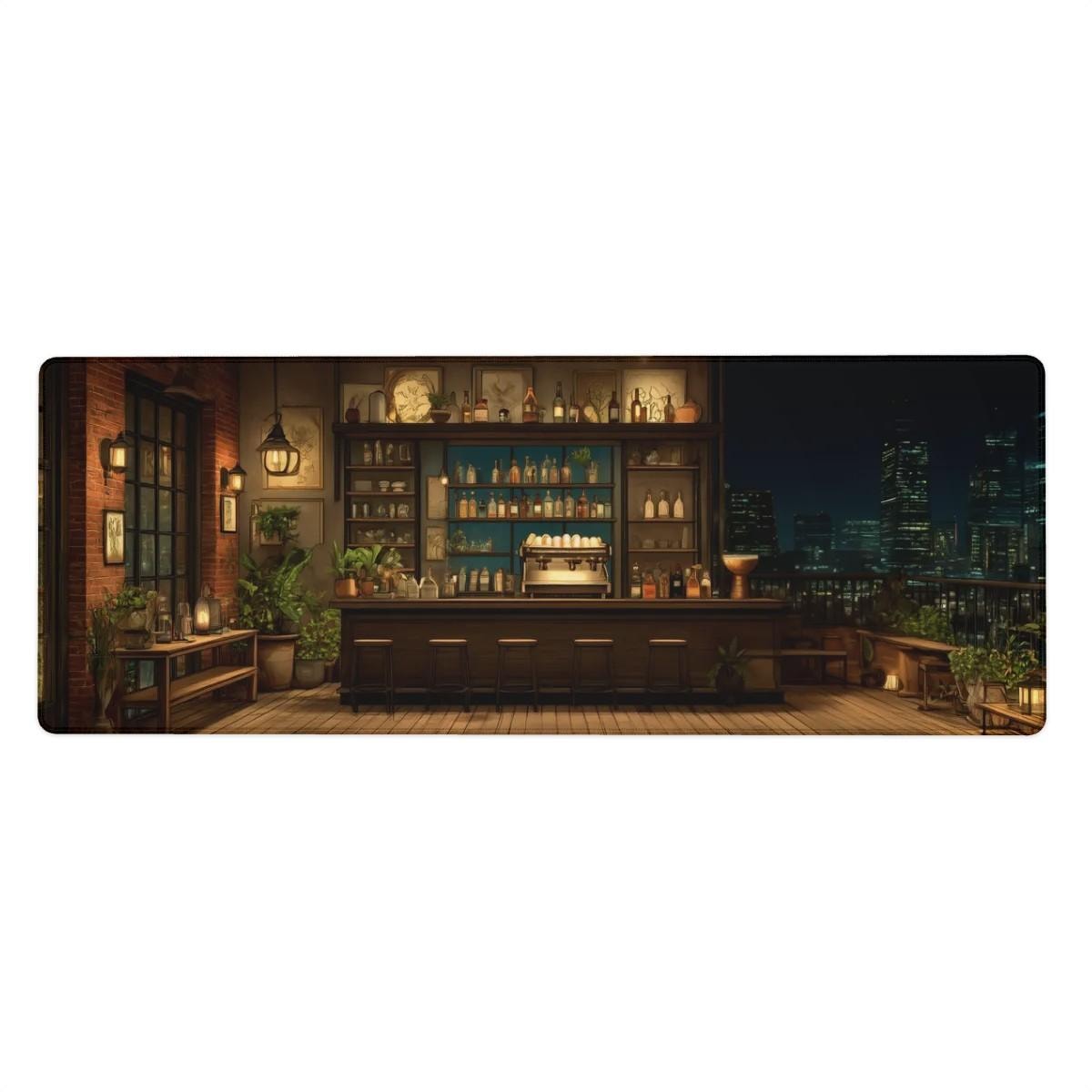 Cozy City Cafe Bar Desk Mat | Warm Amber, Vintage Desk Pad | Urban Night Cityscape Decor