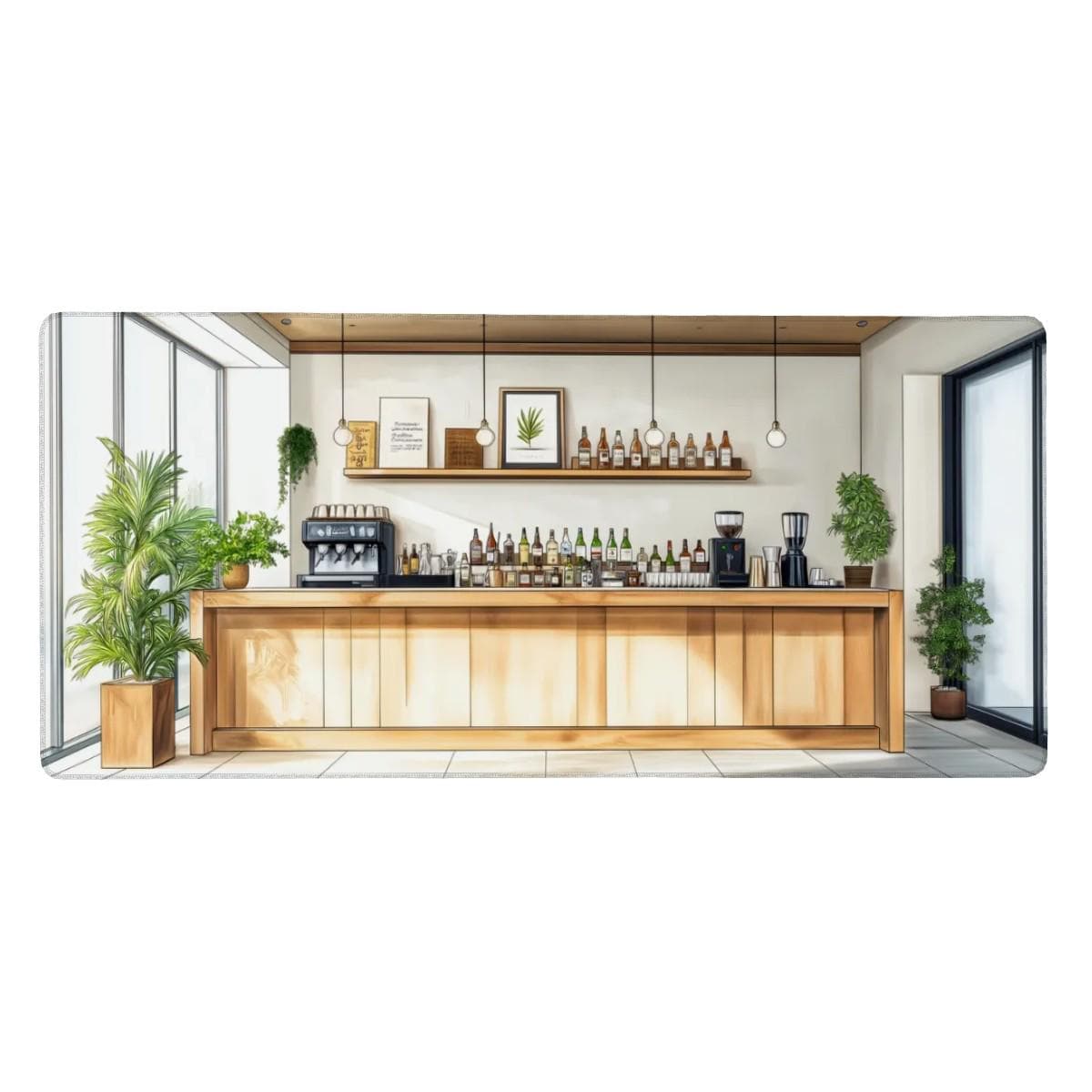 Modern Bar Cafe Desk Mat | Coffee Bar Illustration Mouse Pad
