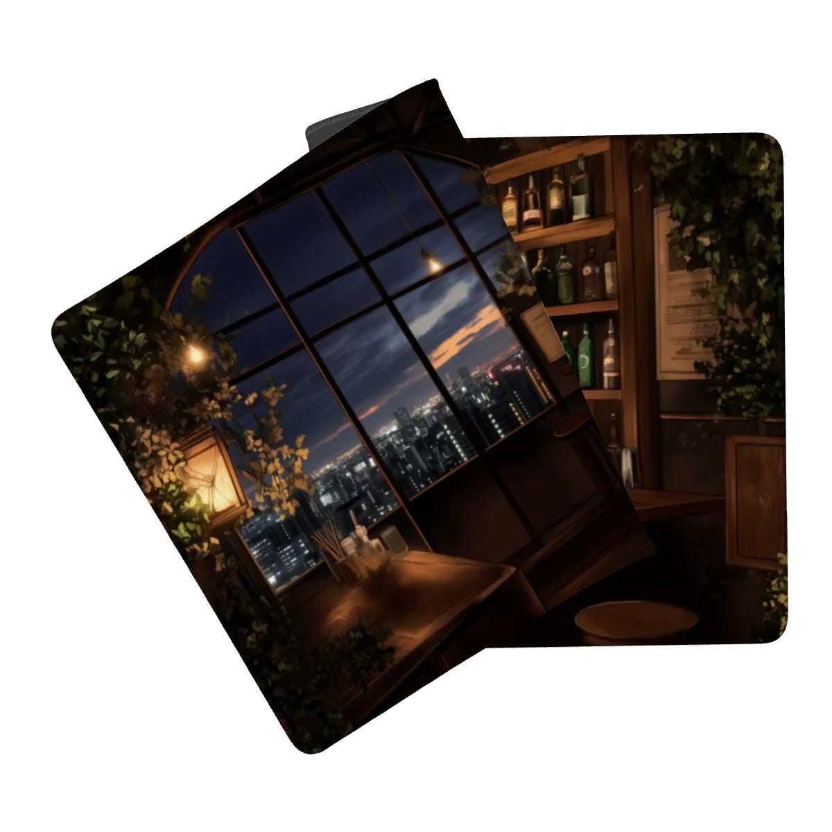 City Night Bar Night Scene Desk Mat | Moody Cocktail Lounge, Dark Urban Nightscape Mouse Pad