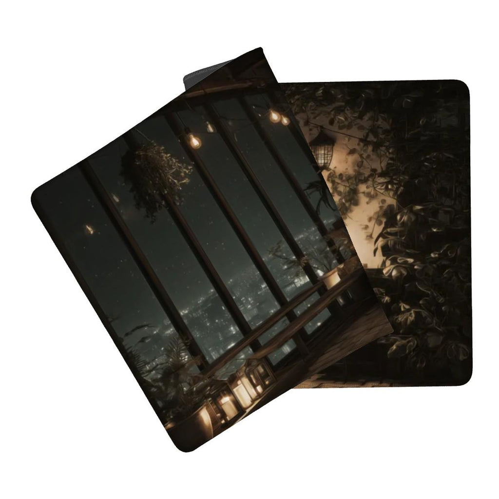 Rooftop Bar Desk Mat | Cityscape Mouse Pad,  Lofi Anime Comic Illustration with a Cozy Vibe