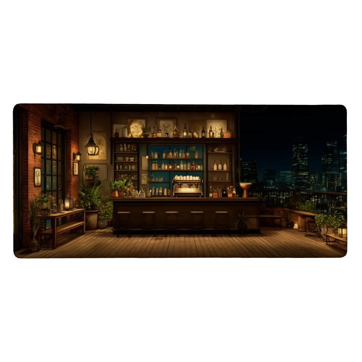 Cozy City Cafe Bar Desk Mat | Warm Amber, Vintage Desk Pad | Urban Night Cityscape Decor
