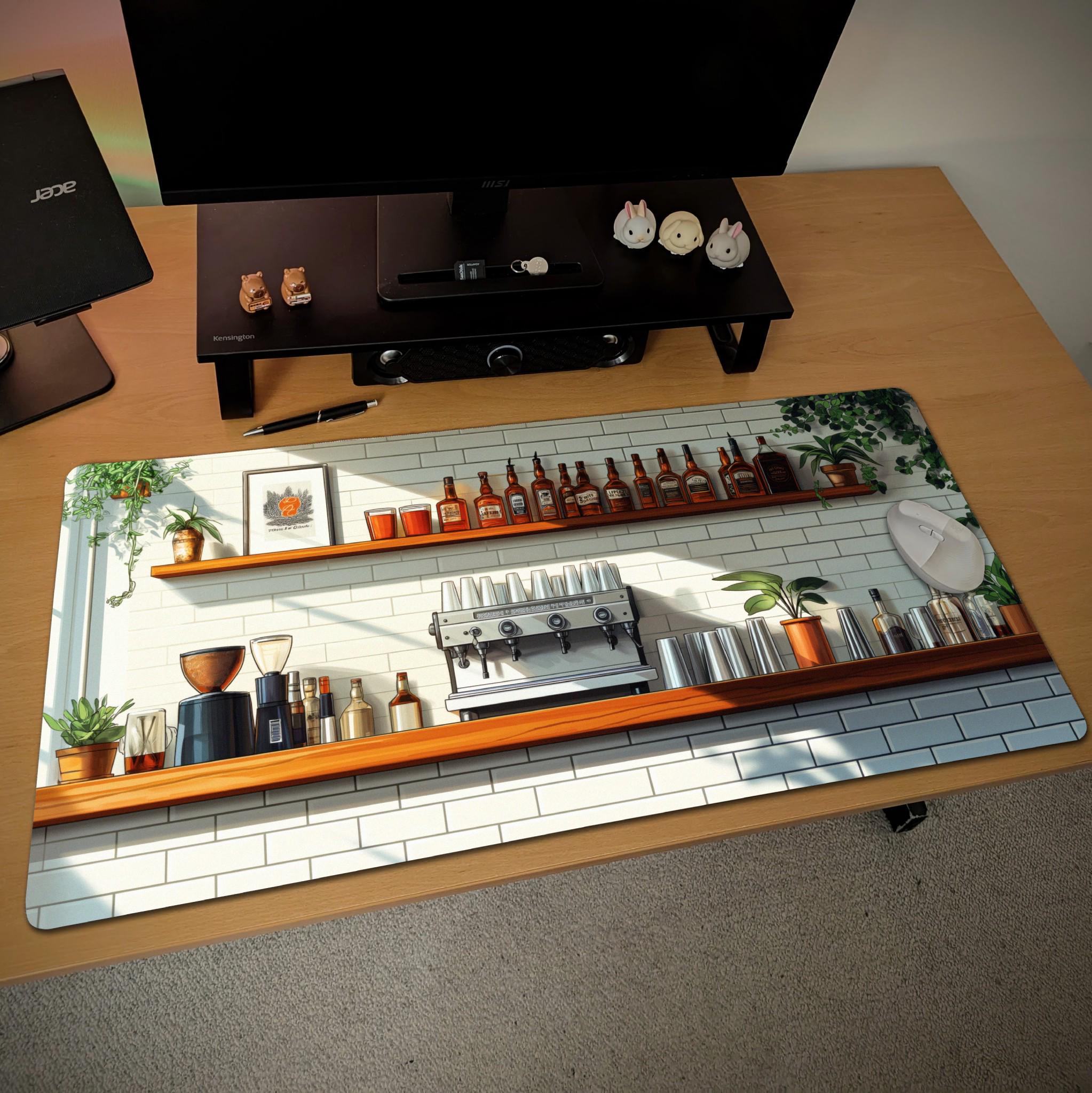 Coffee Bar Desk Mat | White Tile Cafe, Cocktail Bar Desk Pad