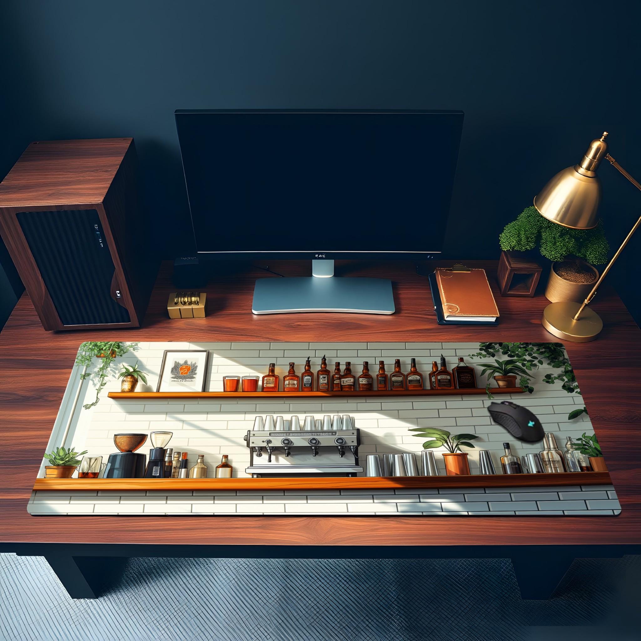 Coffee Bar Desk Mat | White Tile Cafe, Cocktail Bar Desk Pad