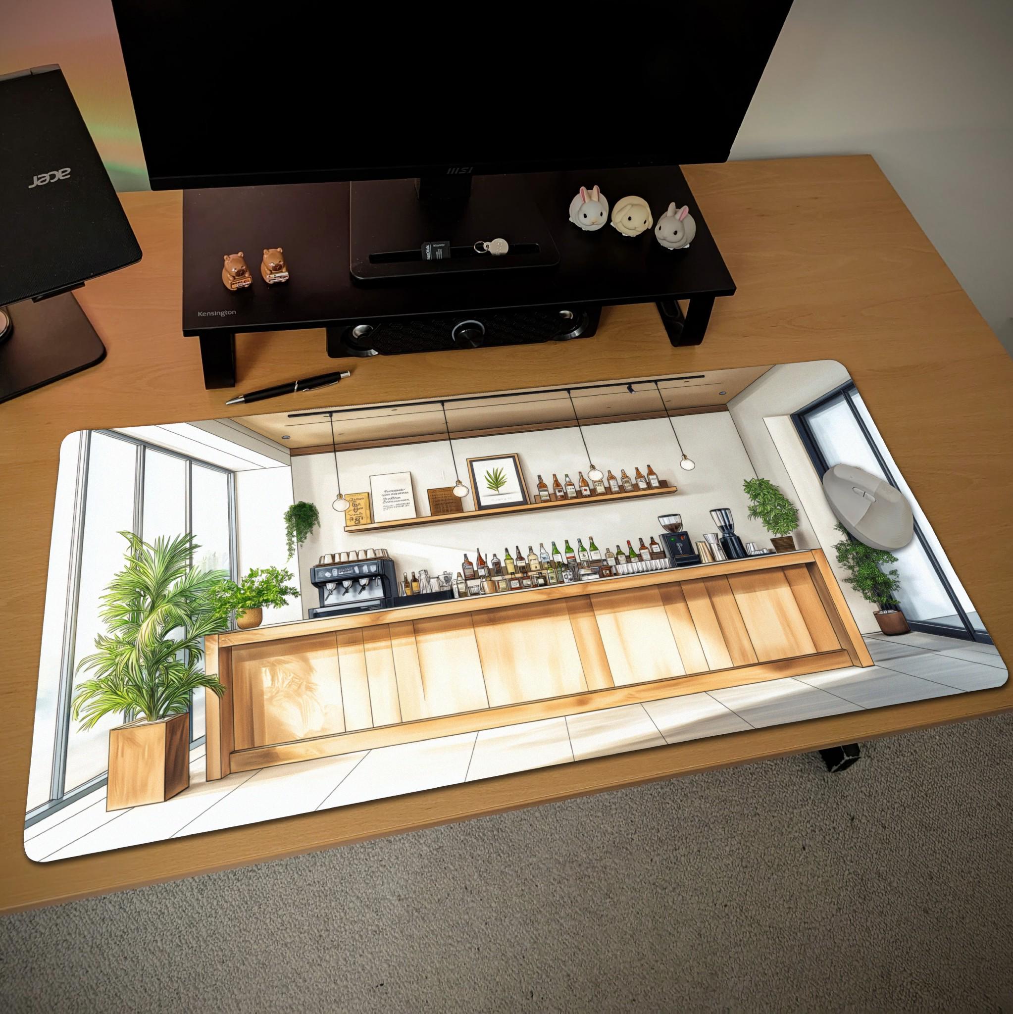Modern Bar Cafe Desk Mat | Coffee Bar Illustration Mouse Pad