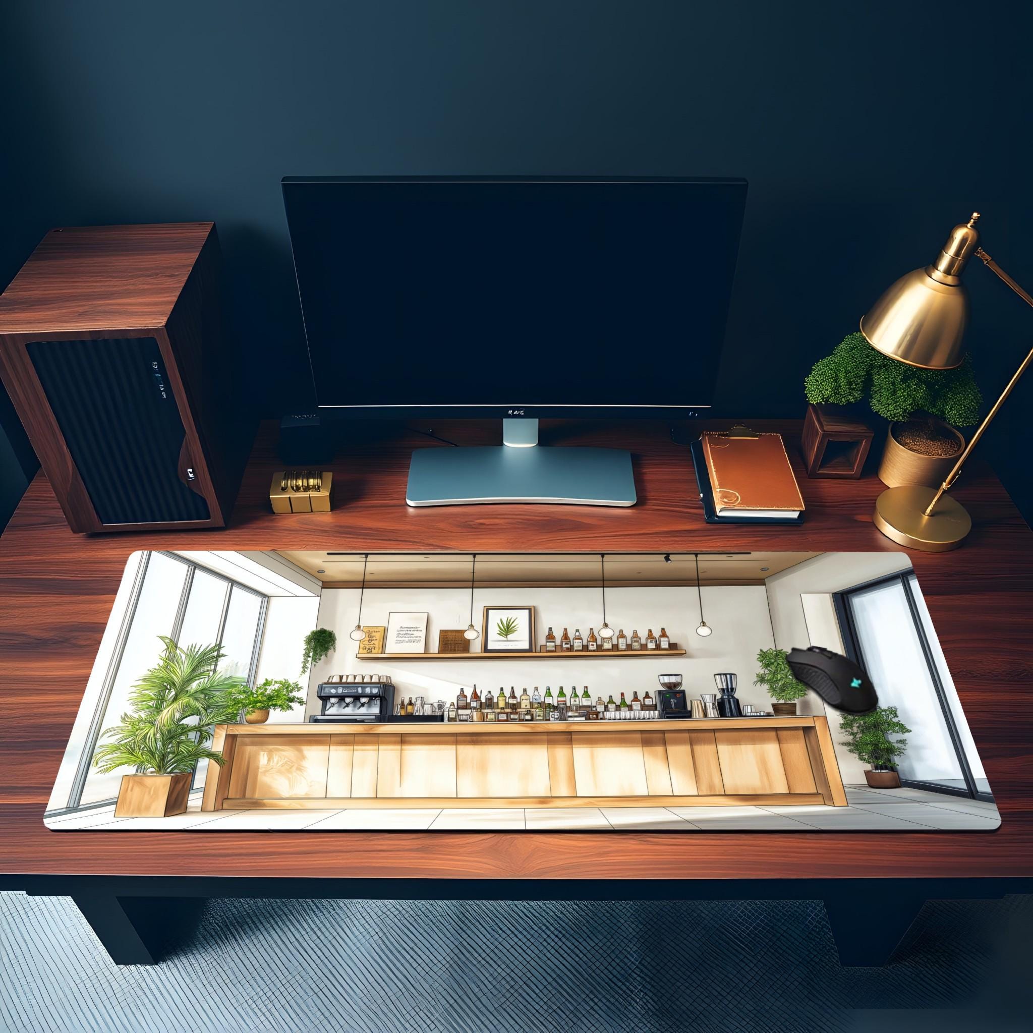 Modern Bar Cafe Desk Mat | Coffee Bar Illustration Mouse Pad