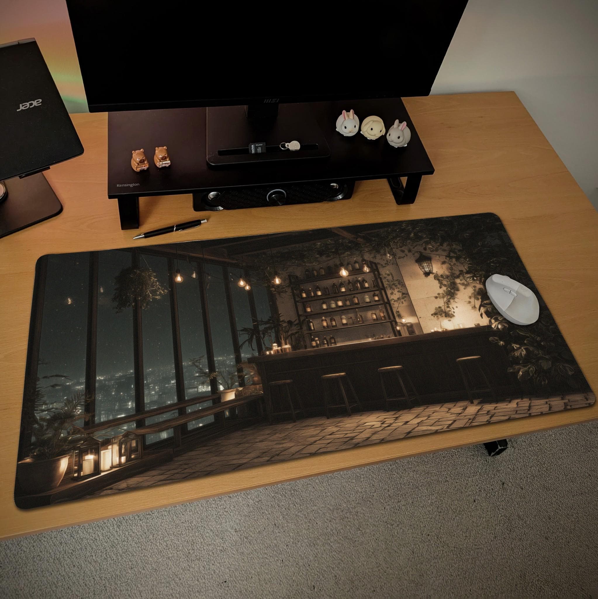 Rooftop Bar Desk Mat | Cityscape Mouse Pad,  Lofi Anime Comic Illustration with a Cozy Vibe