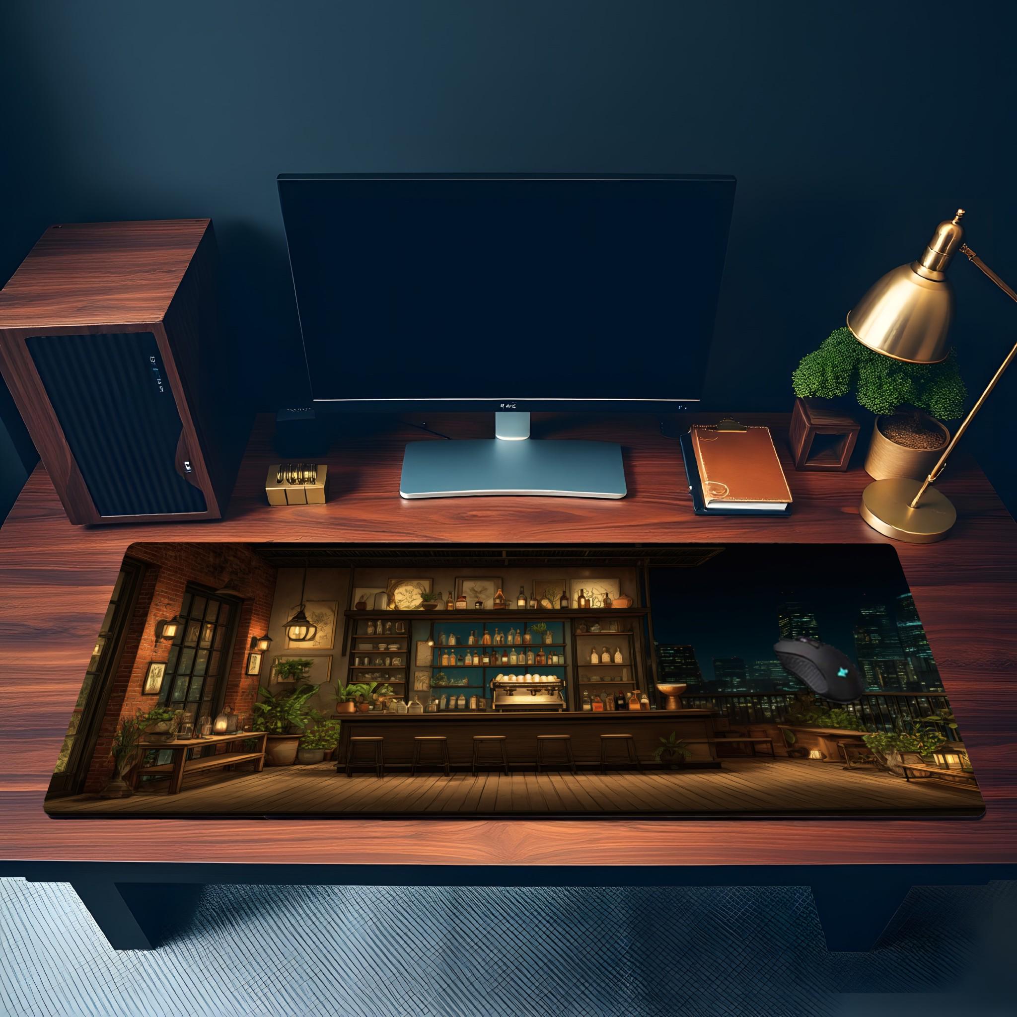 Cozy City Cafe Bar Desk Mat | Warm Amber, Vintage Desk Pad | Urban Night Cityscape Decor