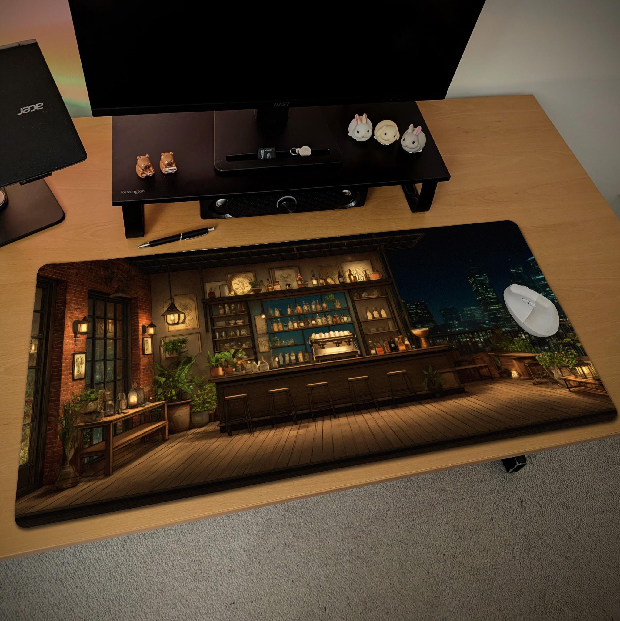 Cozy City Cafe Bar Desk Mat | Warm Amber, Vintage Desk Pad | Urban Night Cityscape Decor