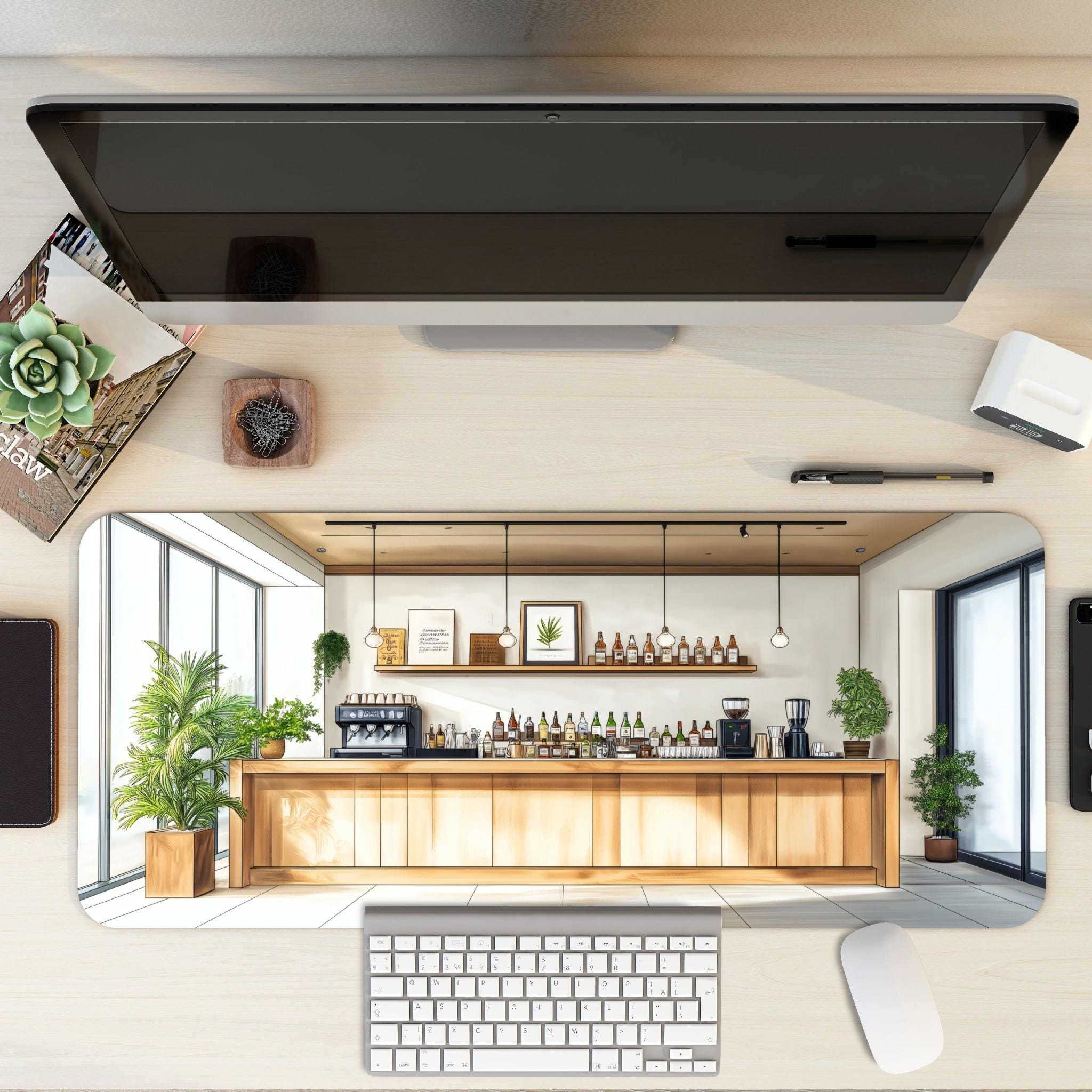 Modern Bar Cafe Desk Mat | Coffee Bar Illustration Mouse Pad