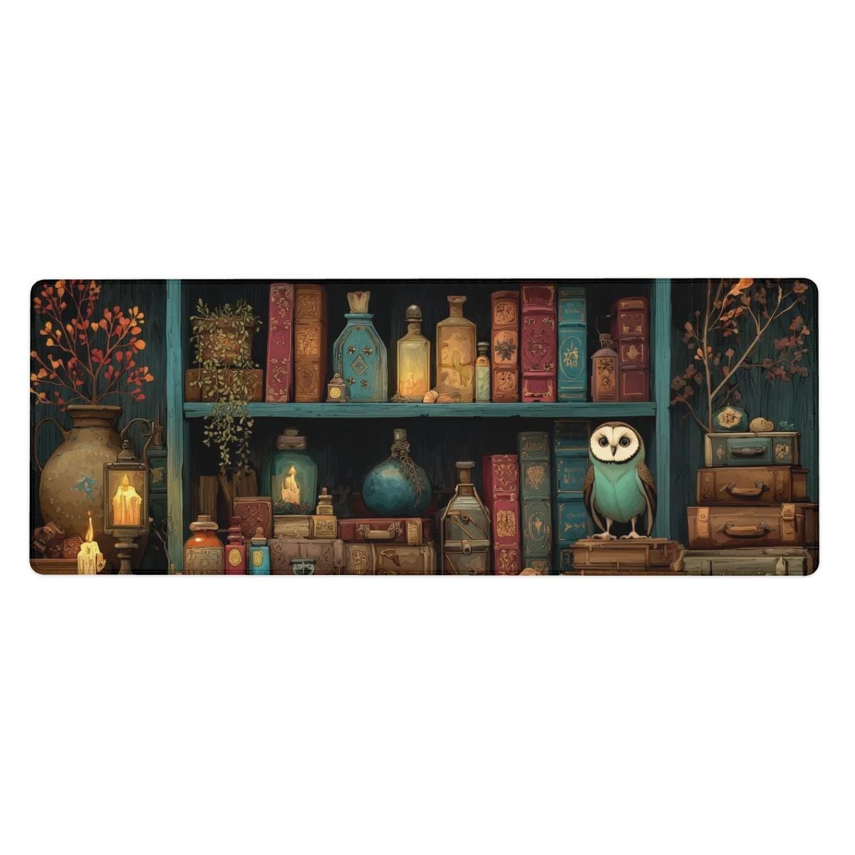 Witchy Bookshelf Desk Mat | Dark Cottagecore Owl, Potion Mouse Pad, Dark Academia