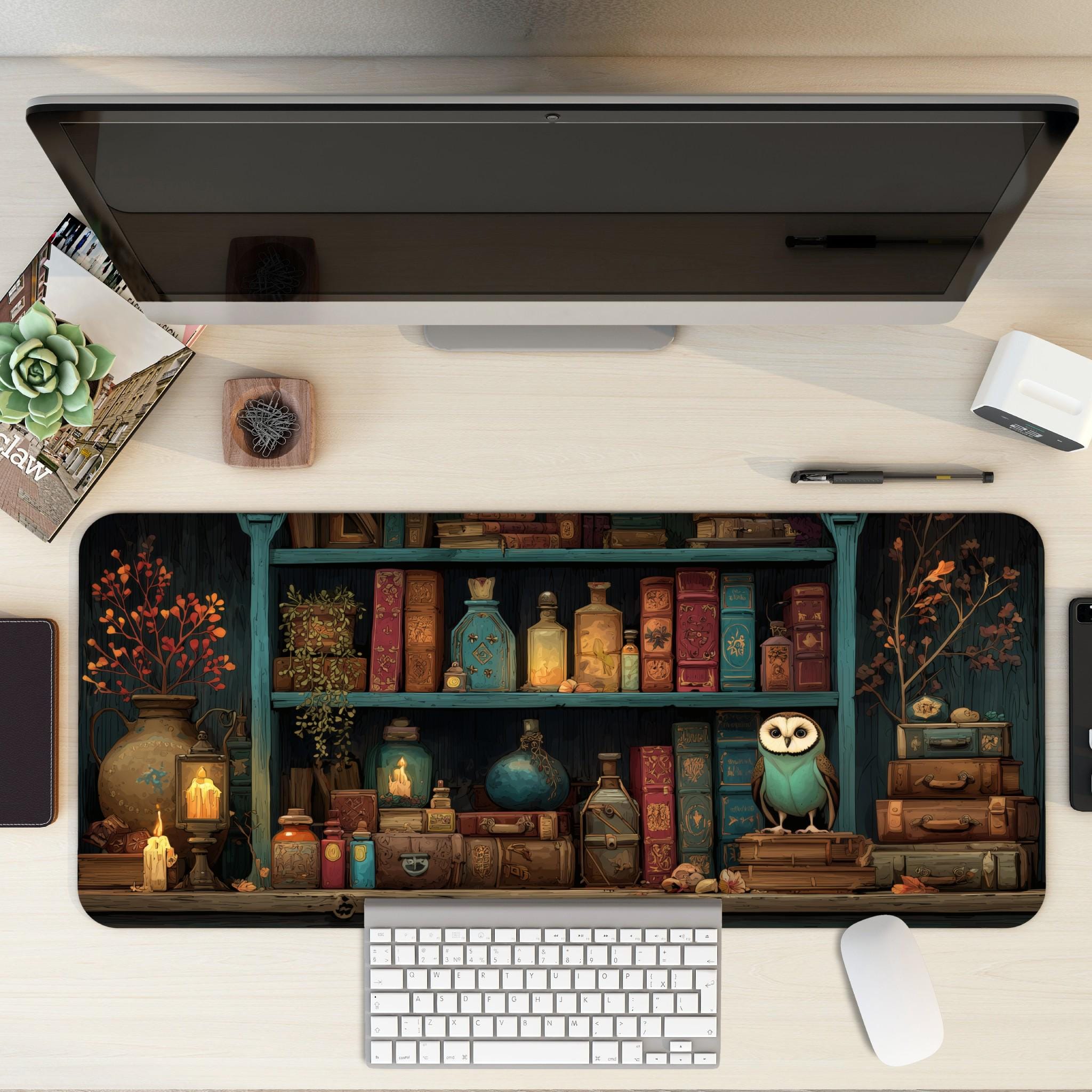 Witchy Bookshelf Desk Mat | Dark Cottagecore Owl, Potion Mouse Pad, Dark Academia