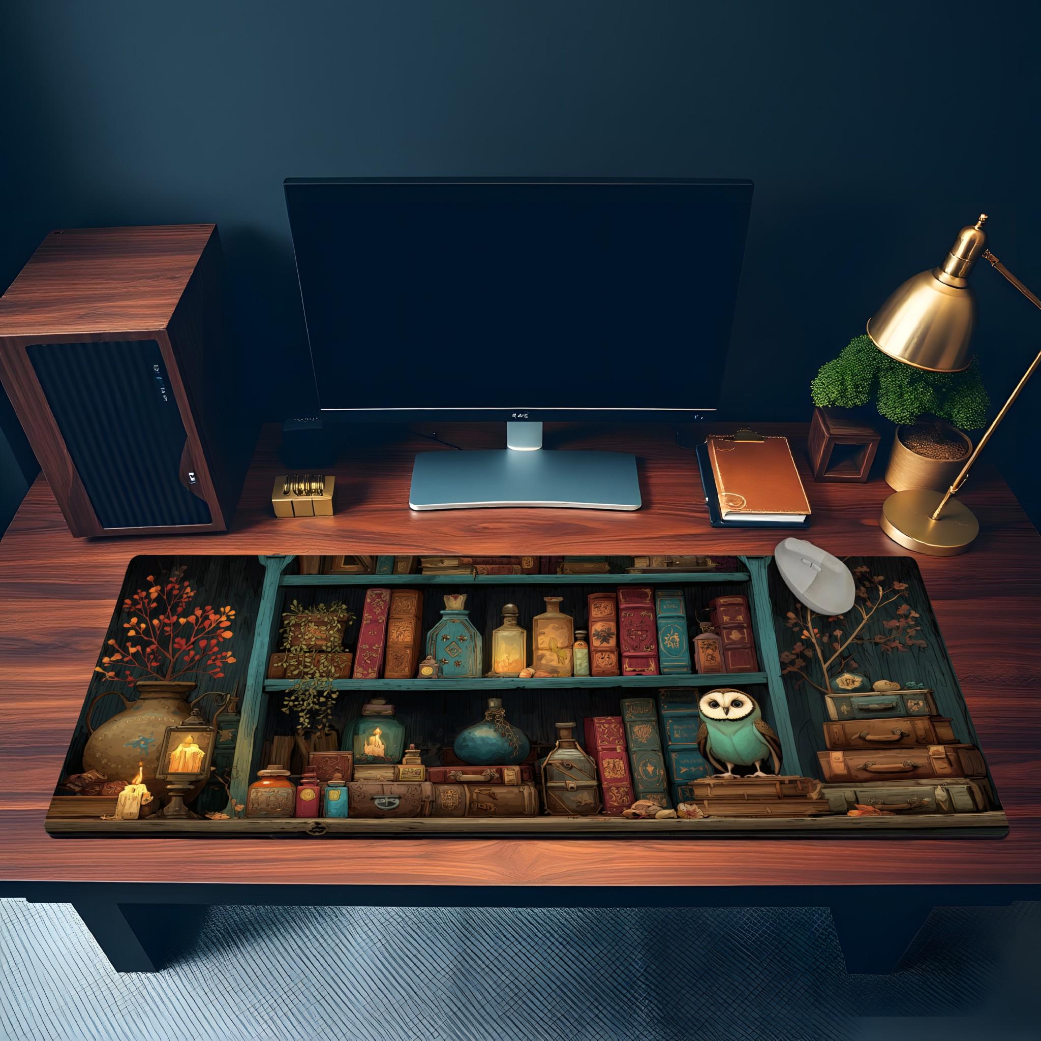 Witchy Bookshelf Desk Mat | Dark Cottagecore Owl, Potion Mouse Pad, Dark Academia