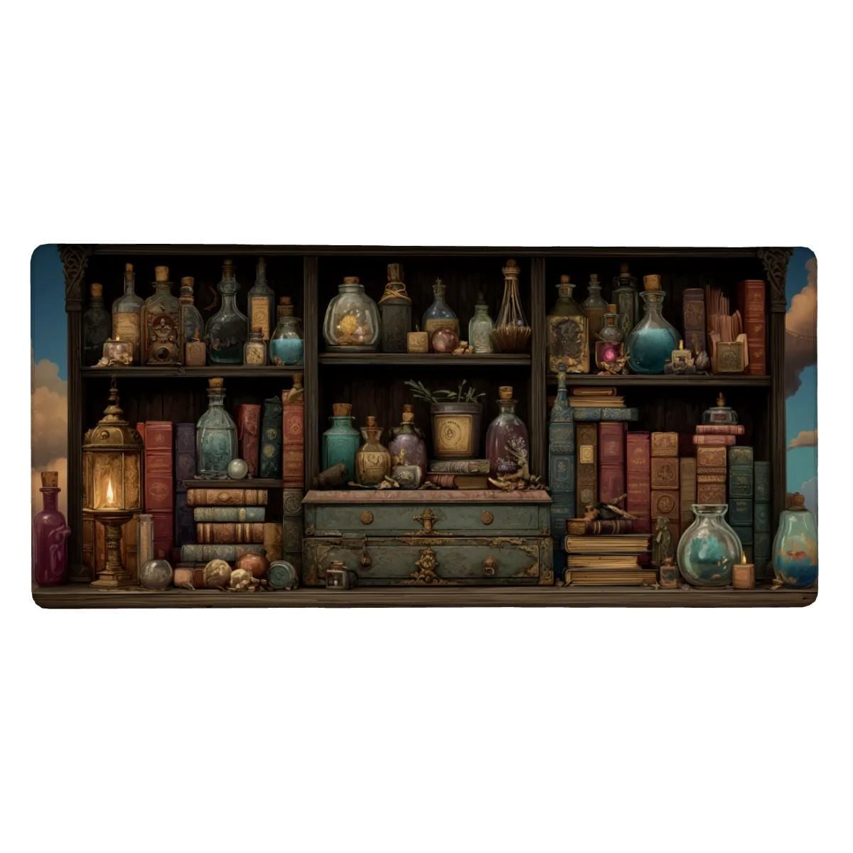 Apothecary Spell Shelf Desk Mat | Dark Fantasy Potion Bookshelf Mouse Pad | Witchcore & Cottagecore Decor