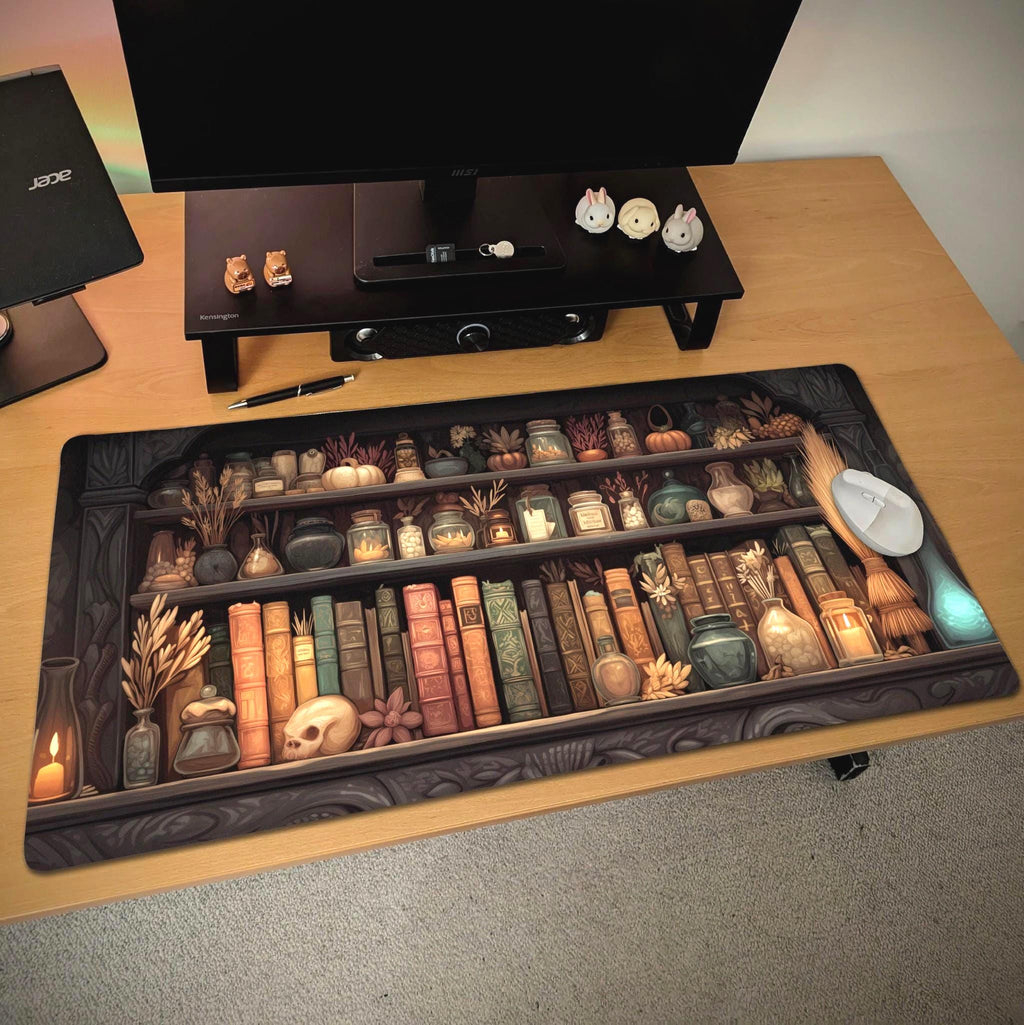 Witchy Apothecary Desk Mat | Dark Academia, Mystical Bookshelf Desk Pad