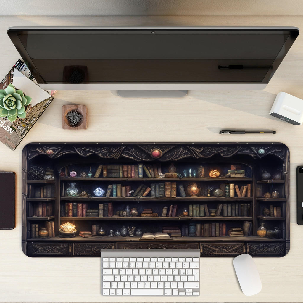 Spellbook Library Desk Mat | Magical Bookshelf Mouse Pad, Wizard Desk Pad | Dark Academia Fantasy