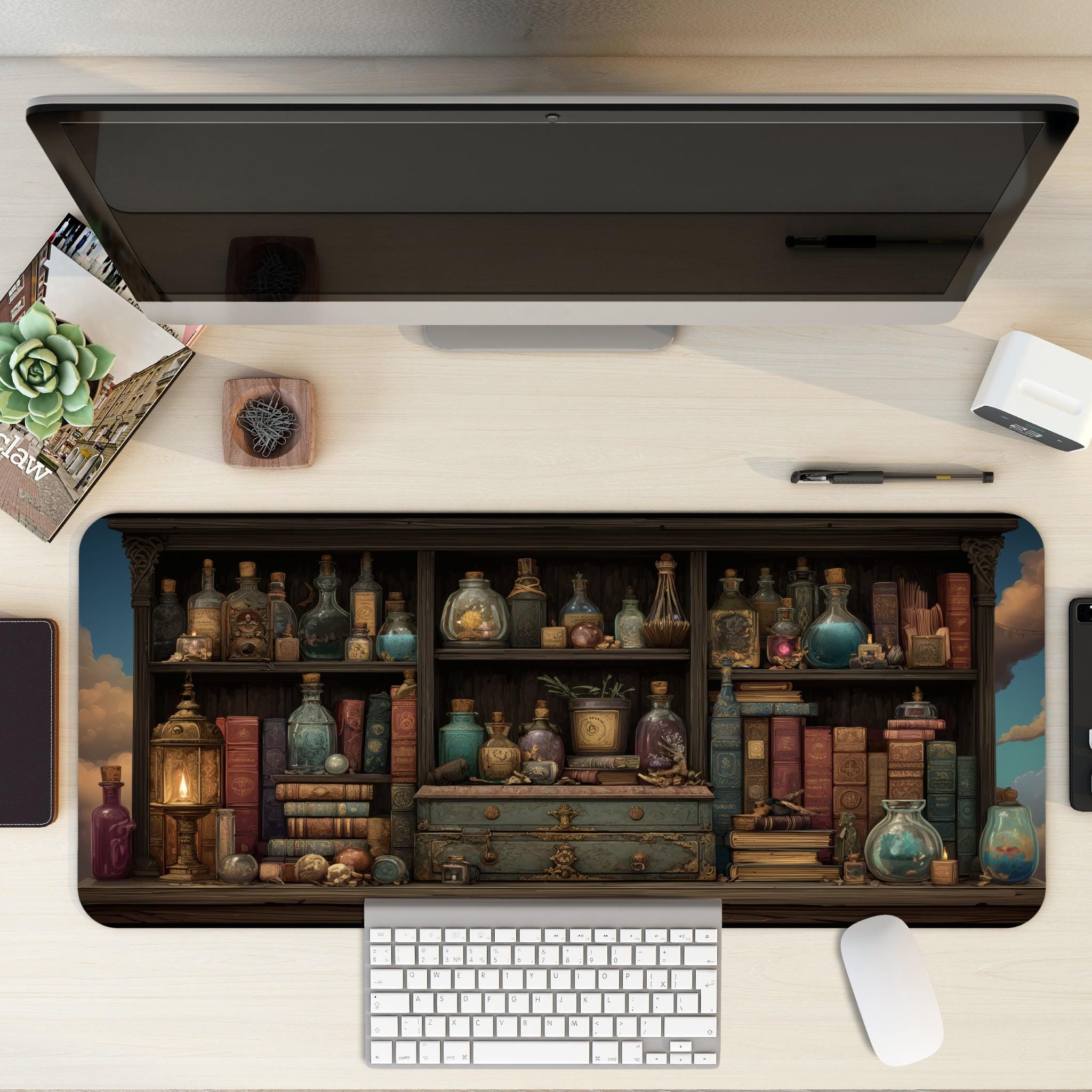 Apothecary Spell Shelf Desk Mat | Dark Fantasy Potion Bookshelf Mouse Pad | Witchcore & Cottagecore Decor