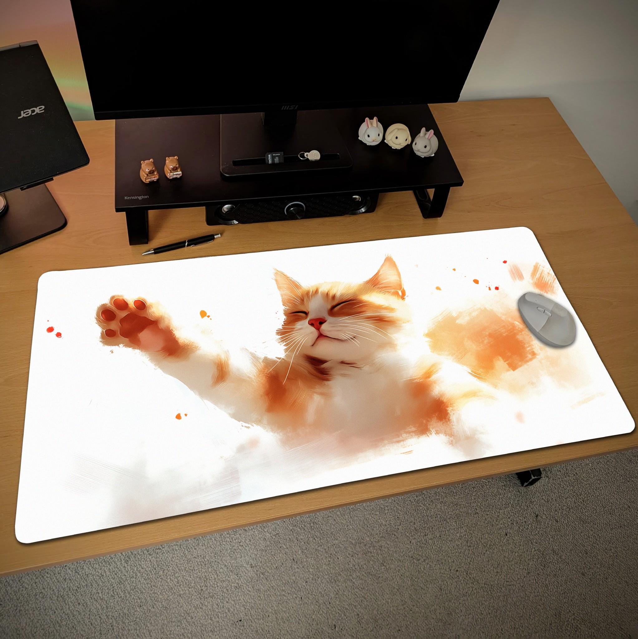 Cute Orange Cat Desk Mat | Watercolor Ginger Kitten Mouse Pad - Kawaii Pet Desk Decor