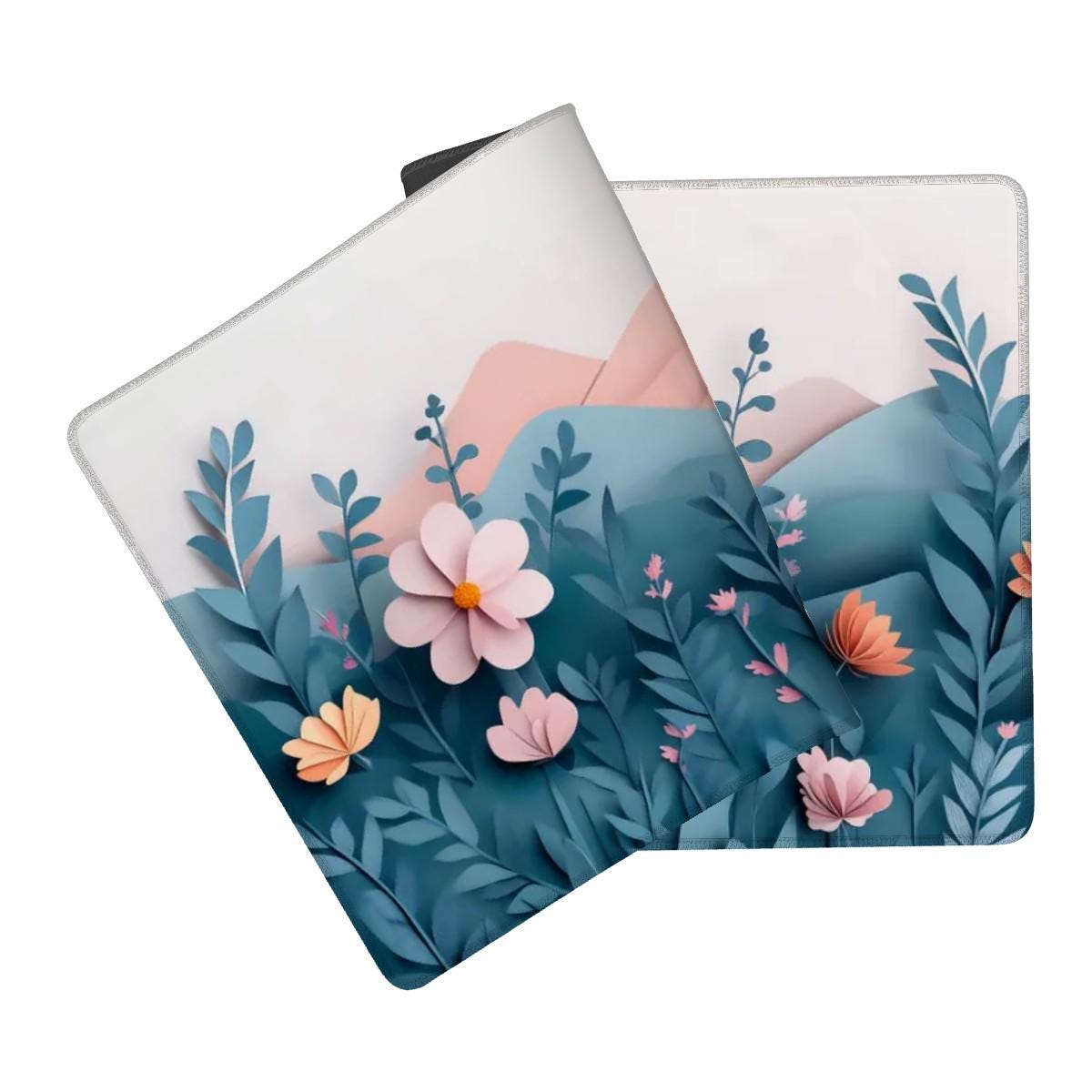 Paper Art Floral Desk Mat | Pastel Garden Mouse Pad - Aesthetic Pink, Green Mountain Landscape