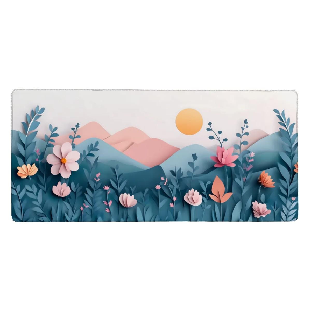 Paper Art Floral Desk Mat | Pastel Garden Mouse Pad - Aesthetic Pink, Green Mountain Landscape