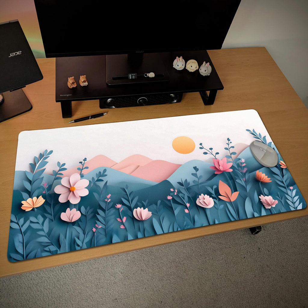 Paper Art Floral Desk Mat | Pastel Garden Mouse Pad - Aesthetic Pink, Green Mountain Landscape
