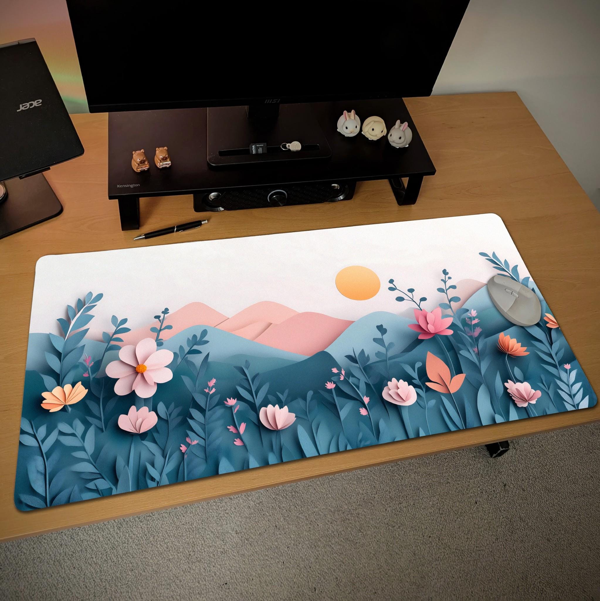 Paper Art Floral Desk Mat | Pastel Garden Mouse Pad - Aesthetic Pink, Green Mountain Landscape