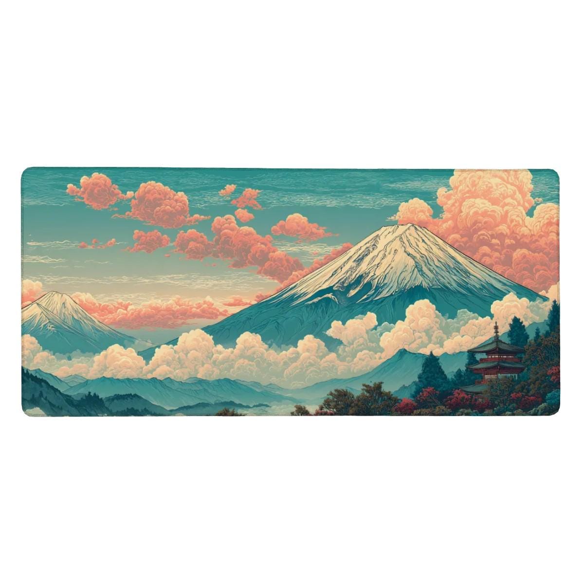 Mount Fuji Desk Mat | Japanese Landscape - Vintage Teal Coral Gaming Desk Pad