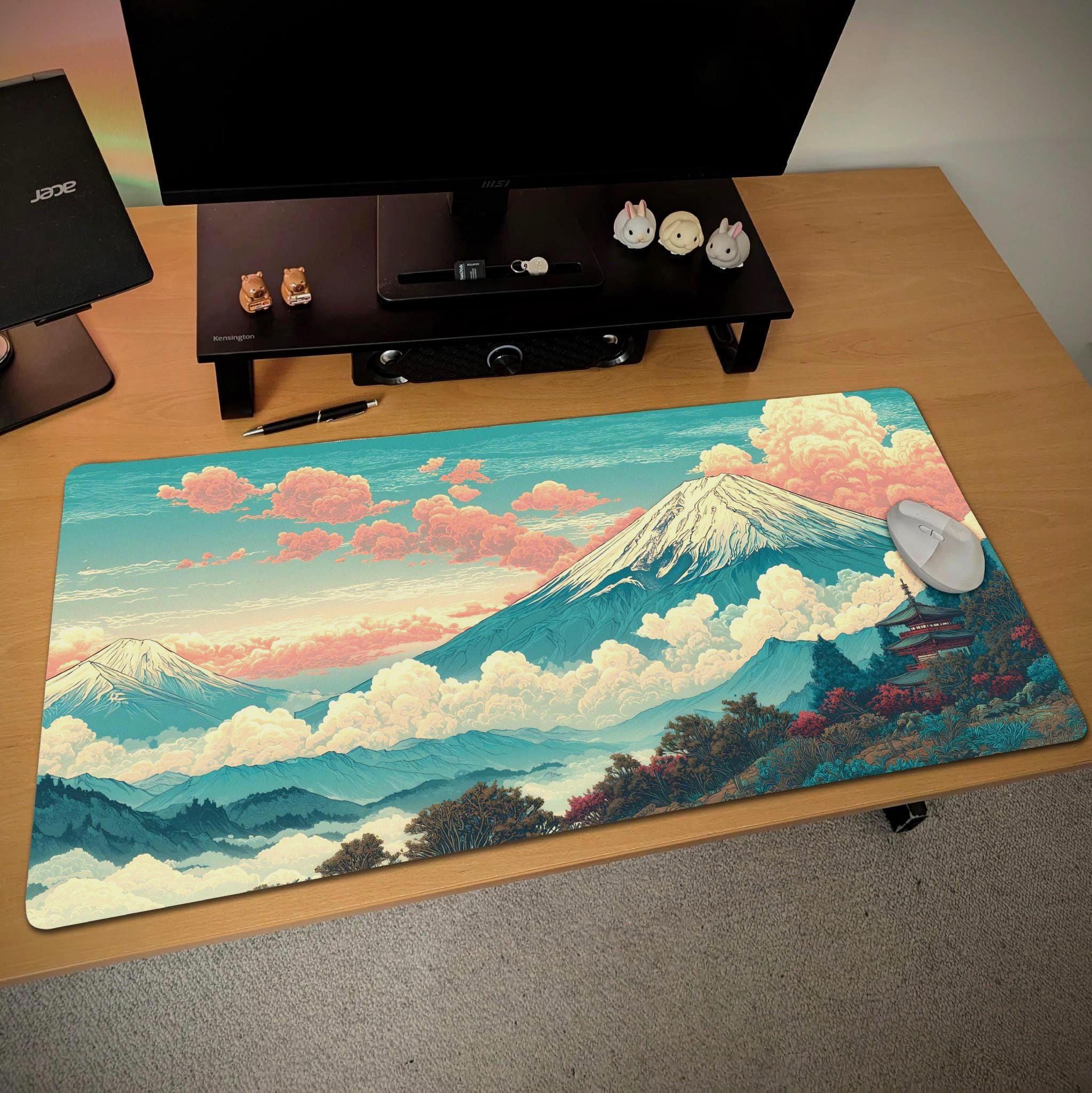 Mount Fuji Desk Mat | Japanese Landscape - Vintage Teal Coral Gaming Desk Pad