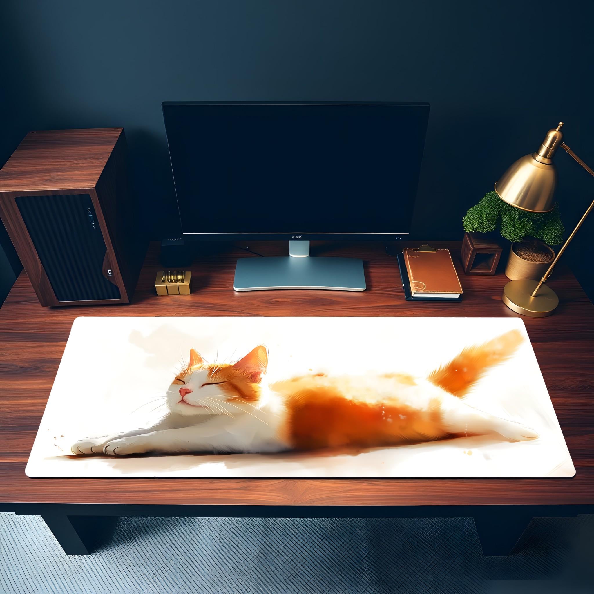 Peaceful Ginger Cat Desk Mat | Watercolor Ginger Kitten Mouse Pad, Cute Pet Office Decor