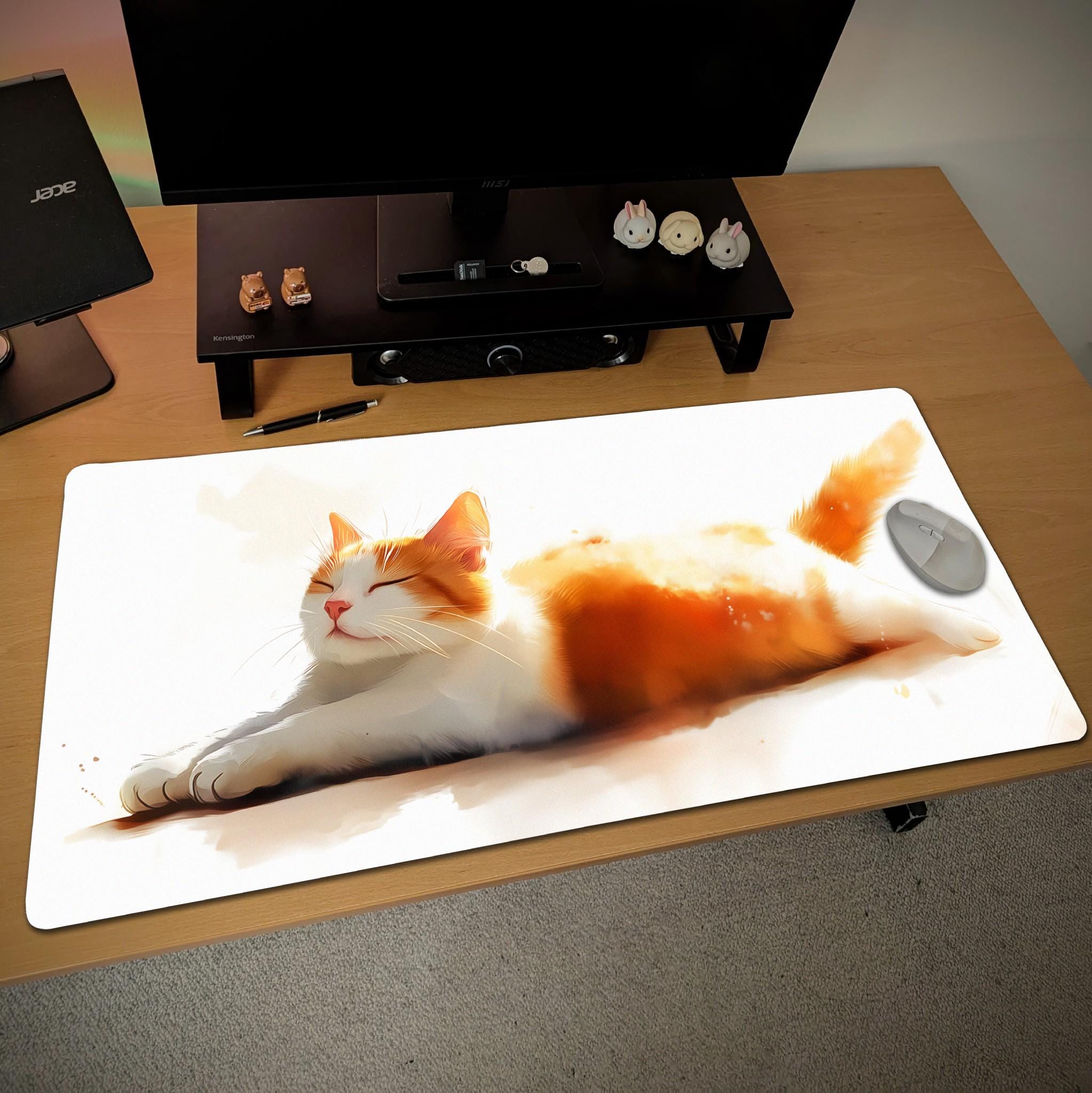 Peaceful Ginger Cat Desk Mat | Watercolor Ginger Kitten Mouse Pad, Cute Pet Office Decor