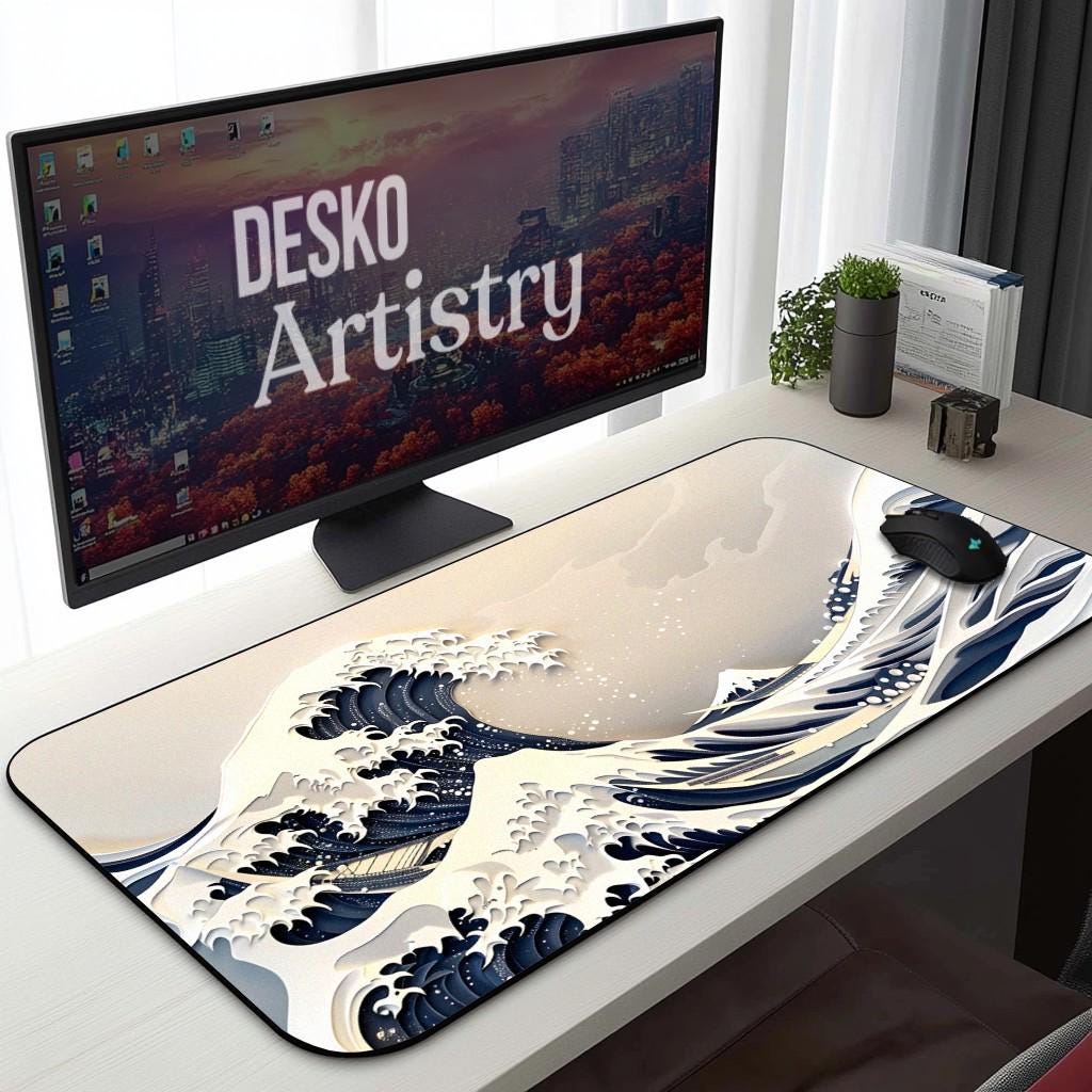 Hokusai Great Wave Desk Mat | Japanese Paper Art,  Ocean Wave Gaming Desk Pad