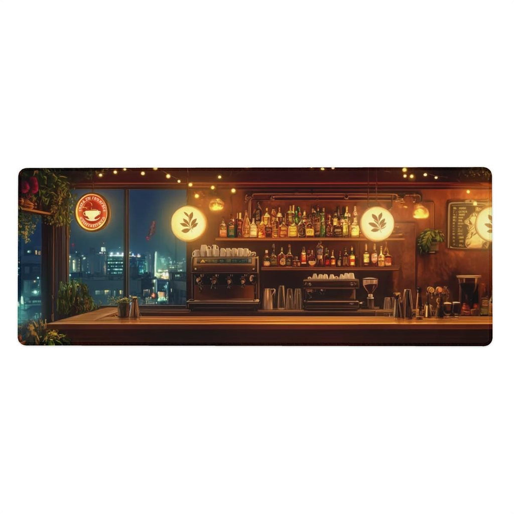 Night City Cafe Bar Desk Mat – Aesthetic Coffee Bar Mouse Pad, Cozy Cityscape Desk Pad for Gaming, Work, and Home Office Setup