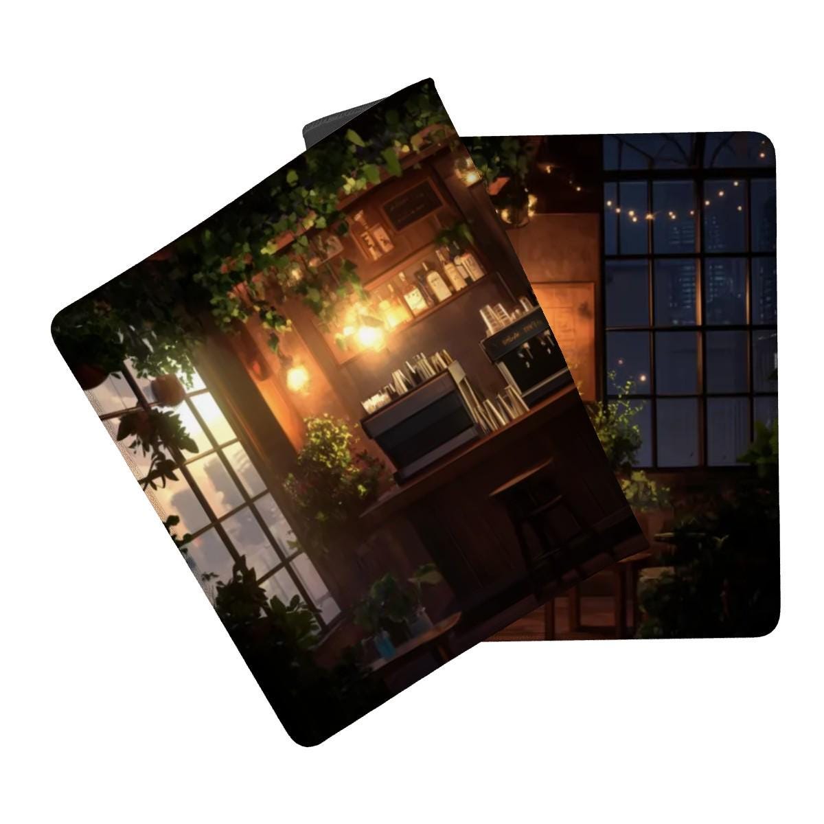 Cozy Bar Desk Mat | Nostalgic Lofi Cafe Mouse Pad, Garden Nighscape Decor